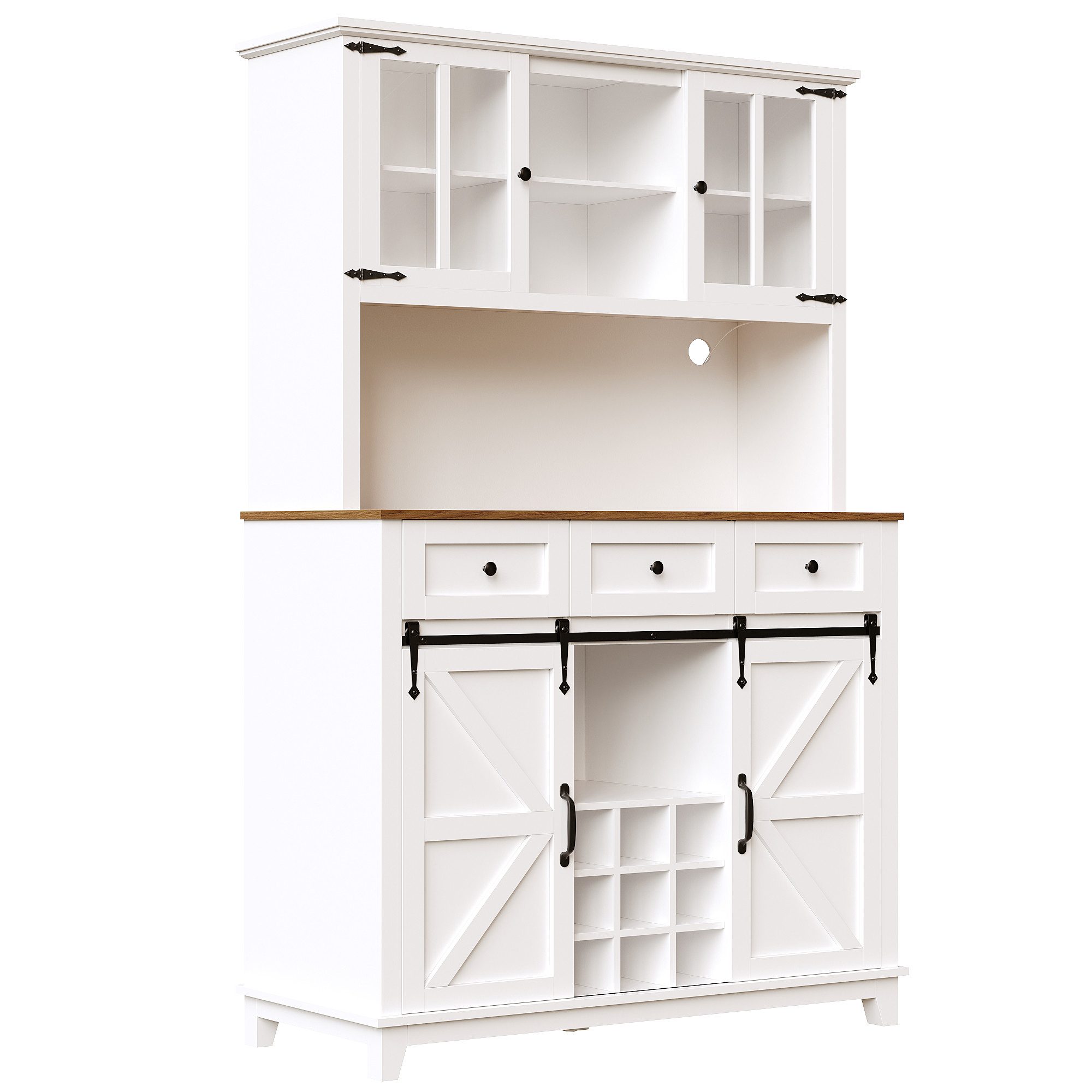 Flieks Küchenbuffet mit LED-Beleuchtung und Weinregal (Vitrinenschrank mit Schubladen und Glastüren, 1-St., B105/T40/H180 cm) Hochschrank Küchenschrank Geschirr – Bild 3 von 5