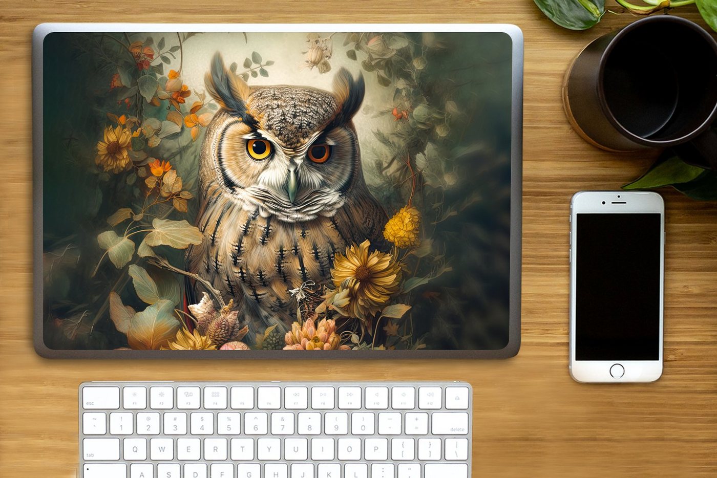 Thumbnail - MuchoWow Laptop-Aufkleber Eule - Vögel - Blumen - Natur