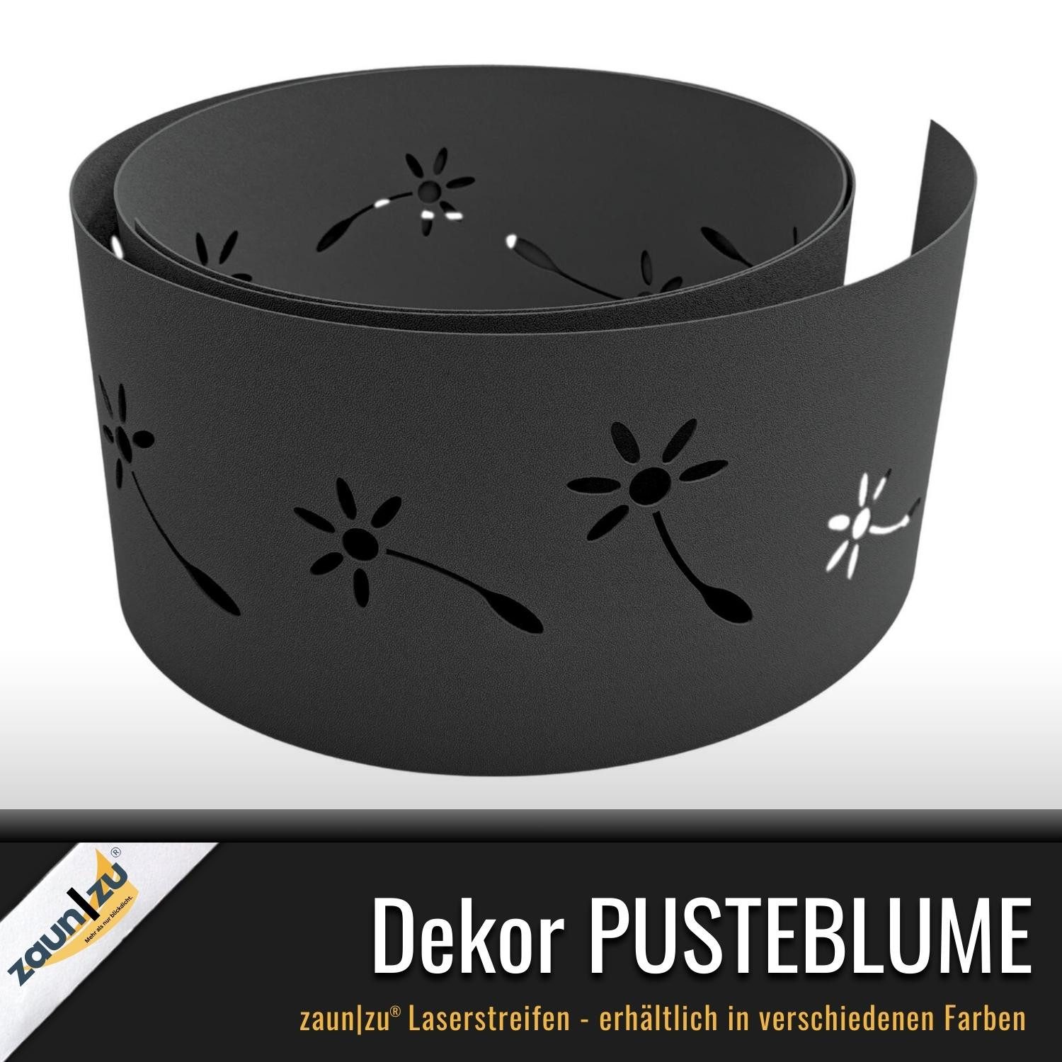 zaunzu Sichtschutzstreifen Premium Dekor Pusteblume Lasermuster Schwarz 2,55m, (1x Einzelstreifen, Lasermuster für Deinen Doppelstabmattenzaun), 5 Jahre garantierte Farbechtheit