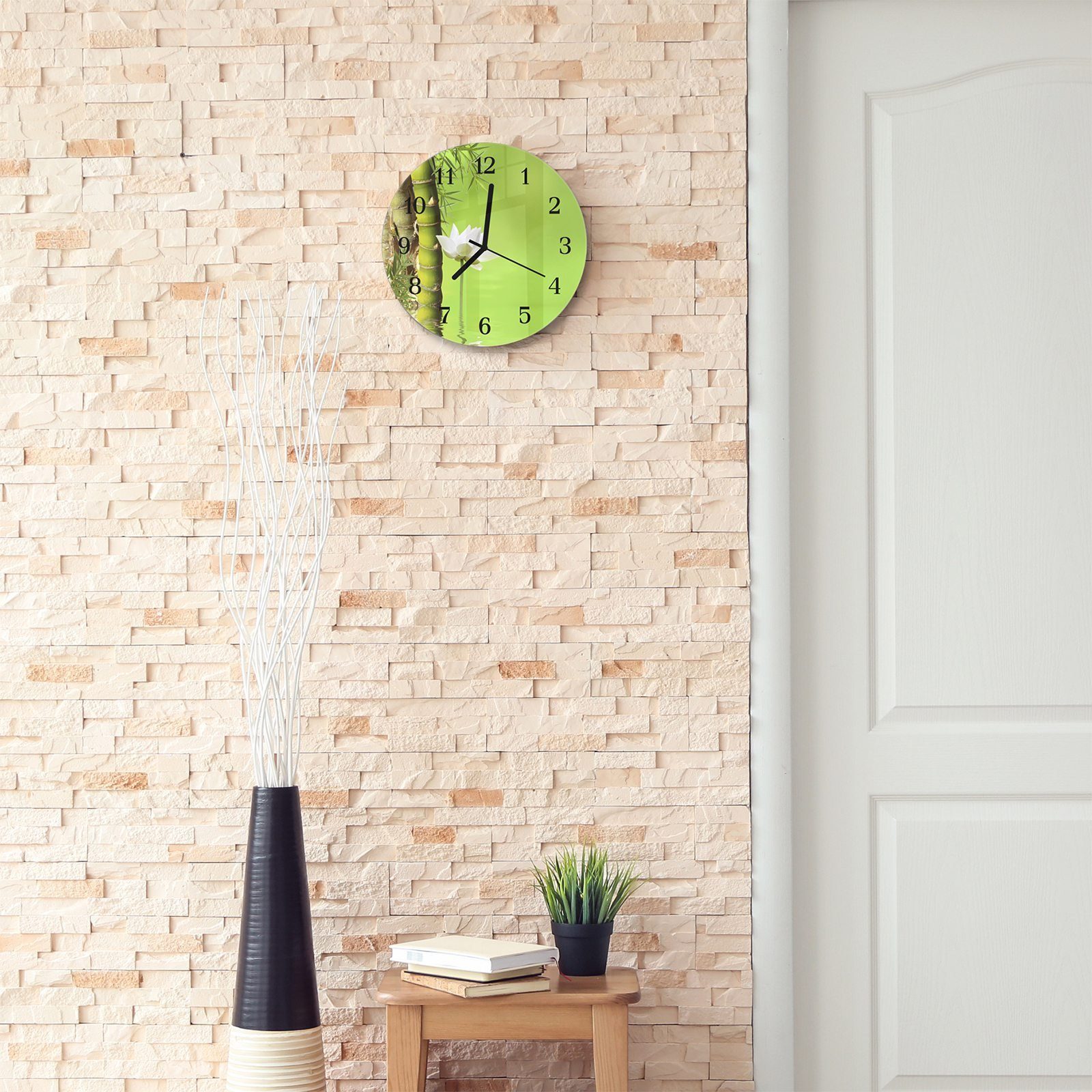 Motiv 30 Wanduhr mit und Quarzuhrwerk - mit und Glas Primedeco Durchmesser Wanduhr Bambus entspannend Rund cm aus Blüte