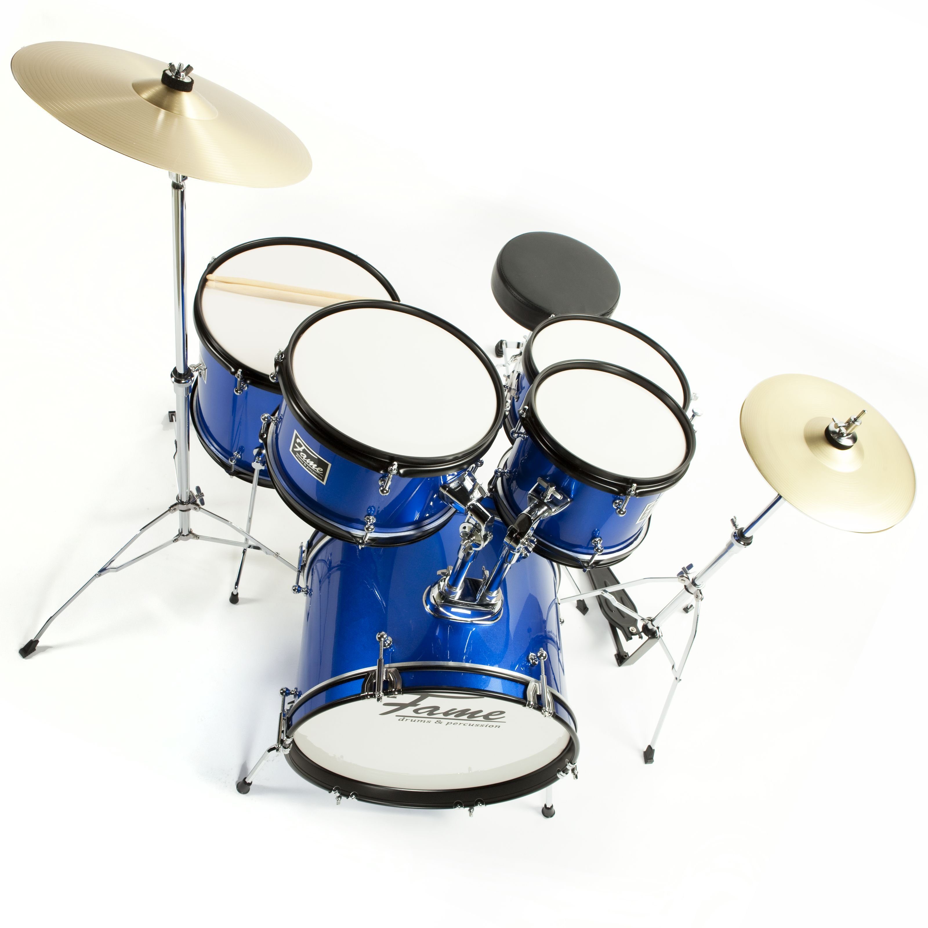 FAME Schlagzeug,Kiddyset 5 PC Junior Drumset Blue Kinderschlagzeug mit Bass Drum Toms Snare Hardware und Hocker von 3 -10 Jahren mit Zubehör und Drumsticks, Schlagzeuge, Drum-Sets, Kinderschlagzeug, Junior Drumset, Kiddyset