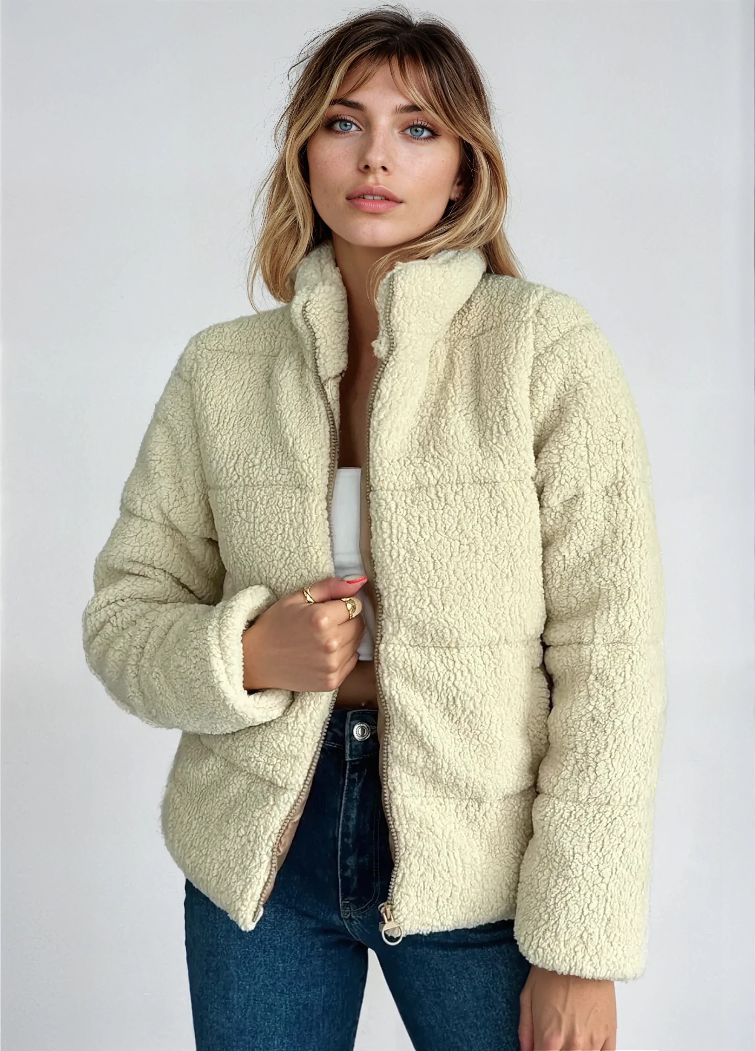 fashionshowcase Plüschjacke Damen Teddy Pufferjacke mit Reißverschluss weic günstig online kaufen