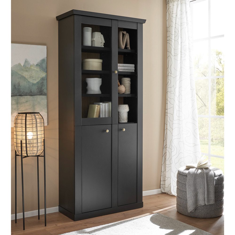 Lomadox Vitrine LORETA-61 86 cm breit in schwarz matt, 3 Türen, 1 offenes Regalfach