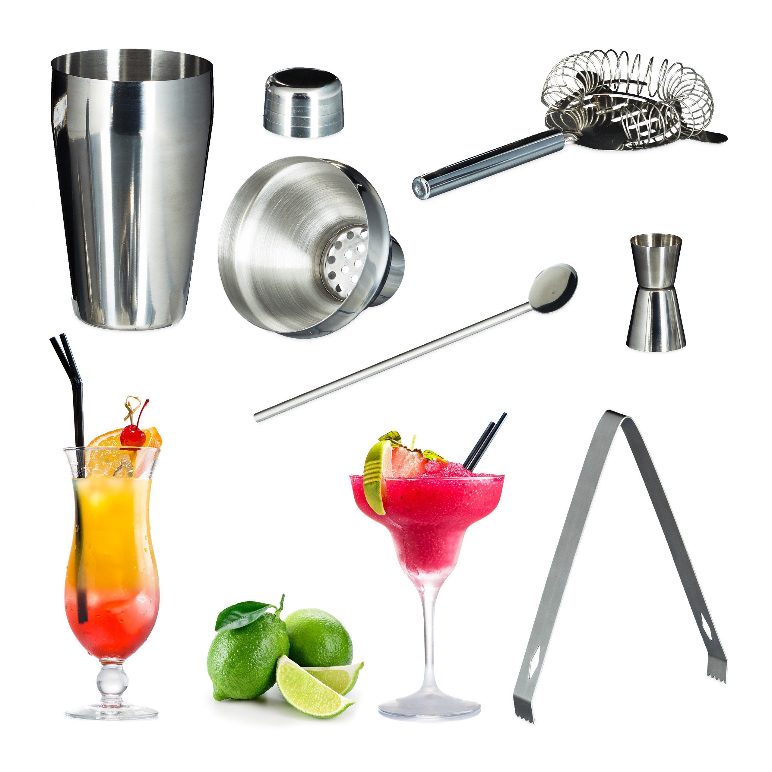 relaxdays Cocktail Shaker 8 x Cocktailset Edelstahl 5-teilig, Edelstahl