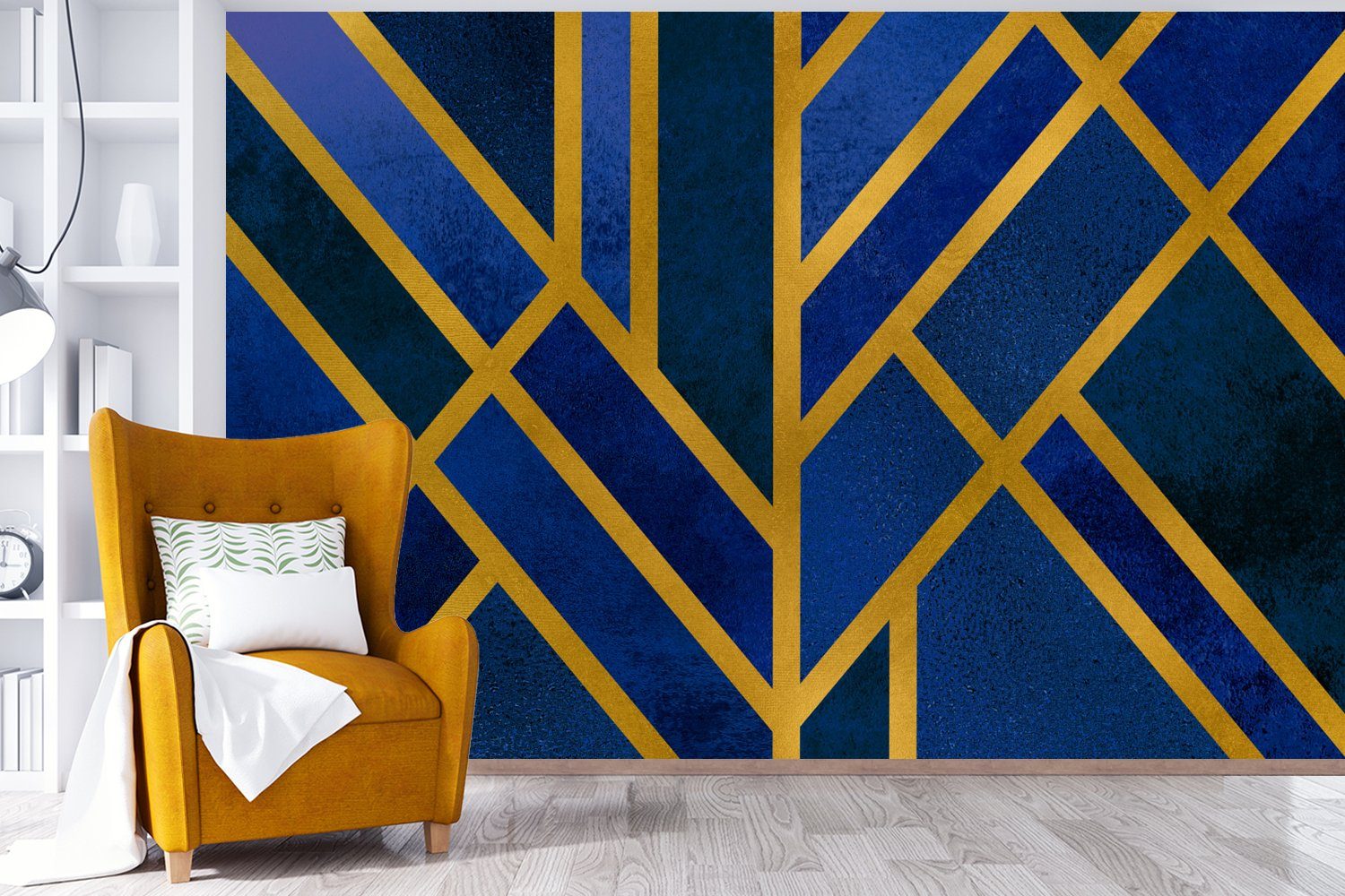 Blau Matt, - bedruckt, Gold Fototapete (6 MuchoWow Vinyl Wallpaper Wohnzimmer, Kinderzimmer, Tapete für St), Schlafzimmer, - Muster,
