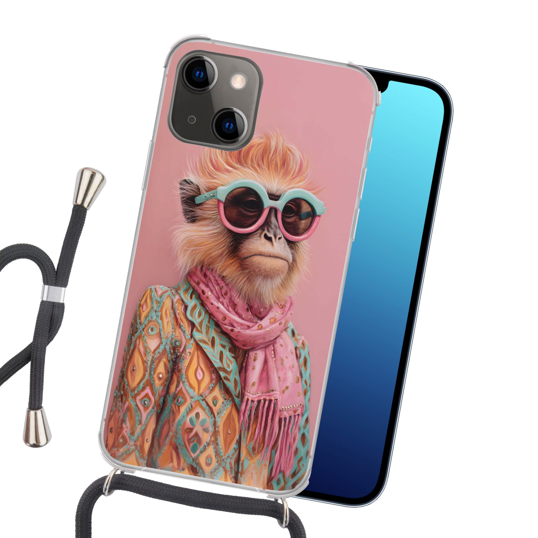 MuchoWow Handyhülle für Apple iPhone 13 Halstuch - Affe - Sonnenbrille - Jacke, Tragbare Handyhüllen mit Kette zum umhängen, Handykette Handyband