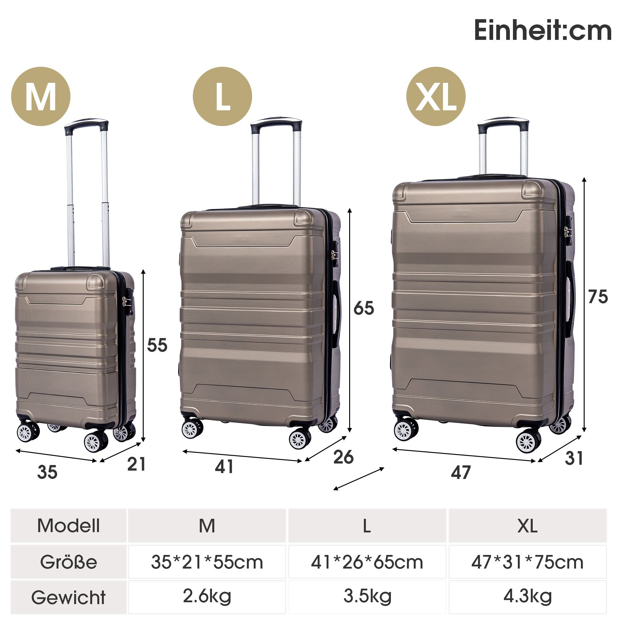 4 Rollen, Hartschalen Trolleyset, Handgepäck (3 3 Gold Set Erweiterung Reisekoffer Flieks Koffer tlg), tlg, Trolley