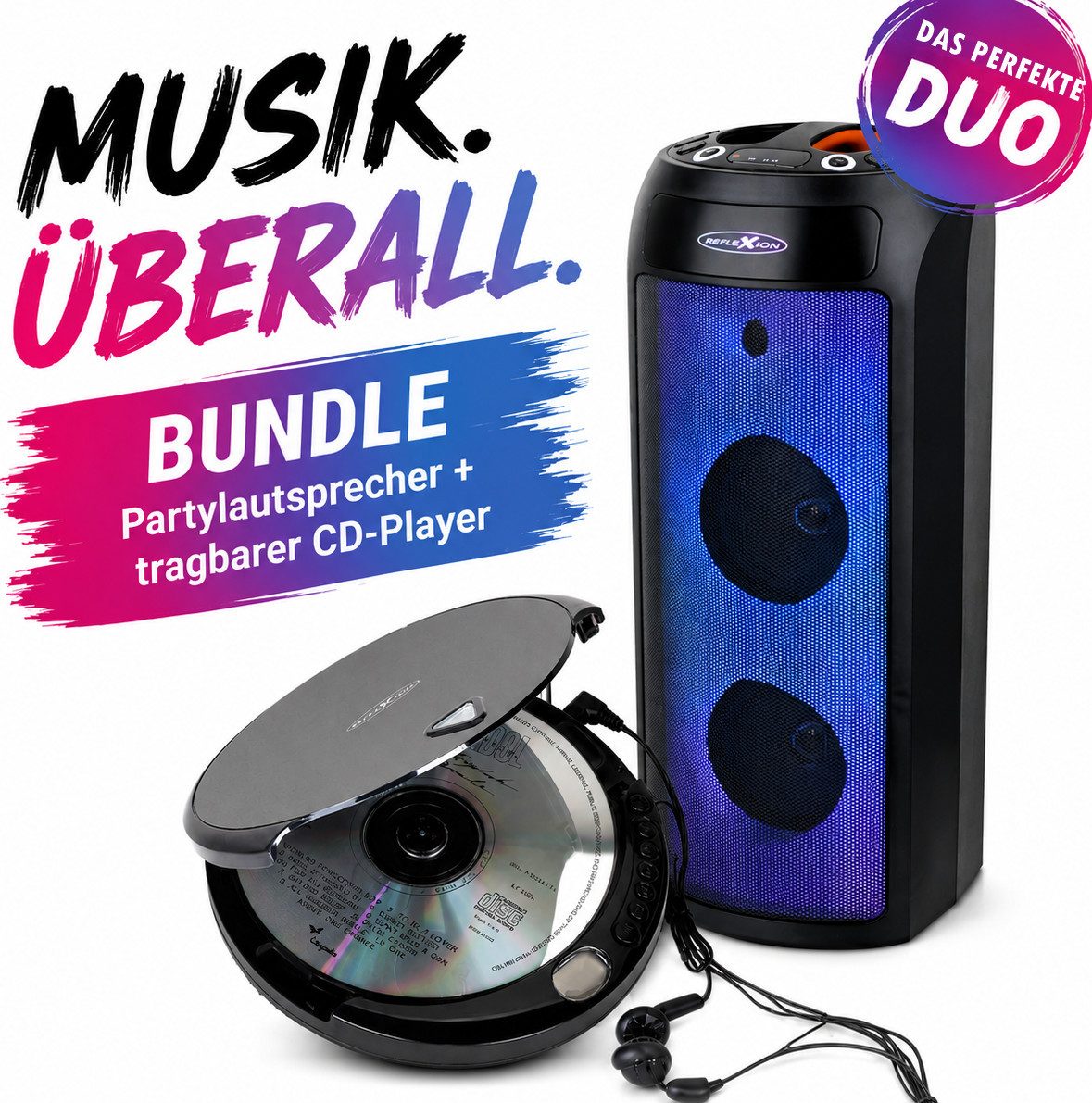 Reflexion PSX30BT Lautsprecher mit LED-Flammenlicht + tragbarer CD-Player Bluetooth-Lautsprecher (Bluetooth, 240 W, Bluetooth, Radio, Karaoke, Disco-Licht Effekte, Equalizer)
