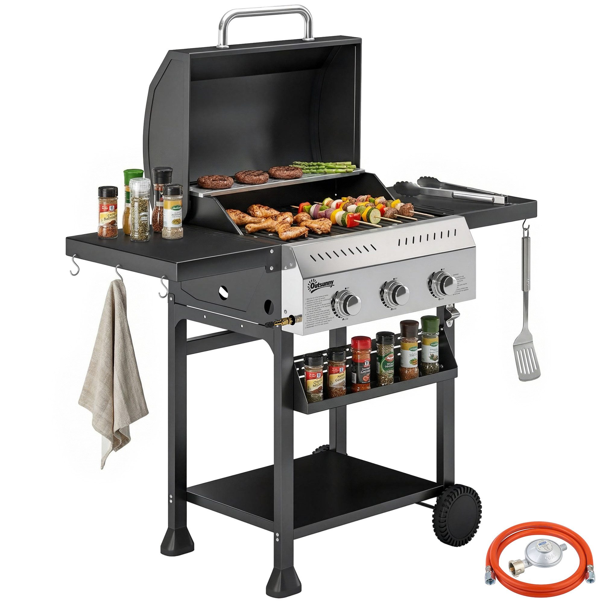 Outsunny Gasgrill inkl klappbar Seitentisch, Gewürzhalter, Unterregal, 6 Haken, Gas-Grill, BBQ Grillwagen, für Balkon Party