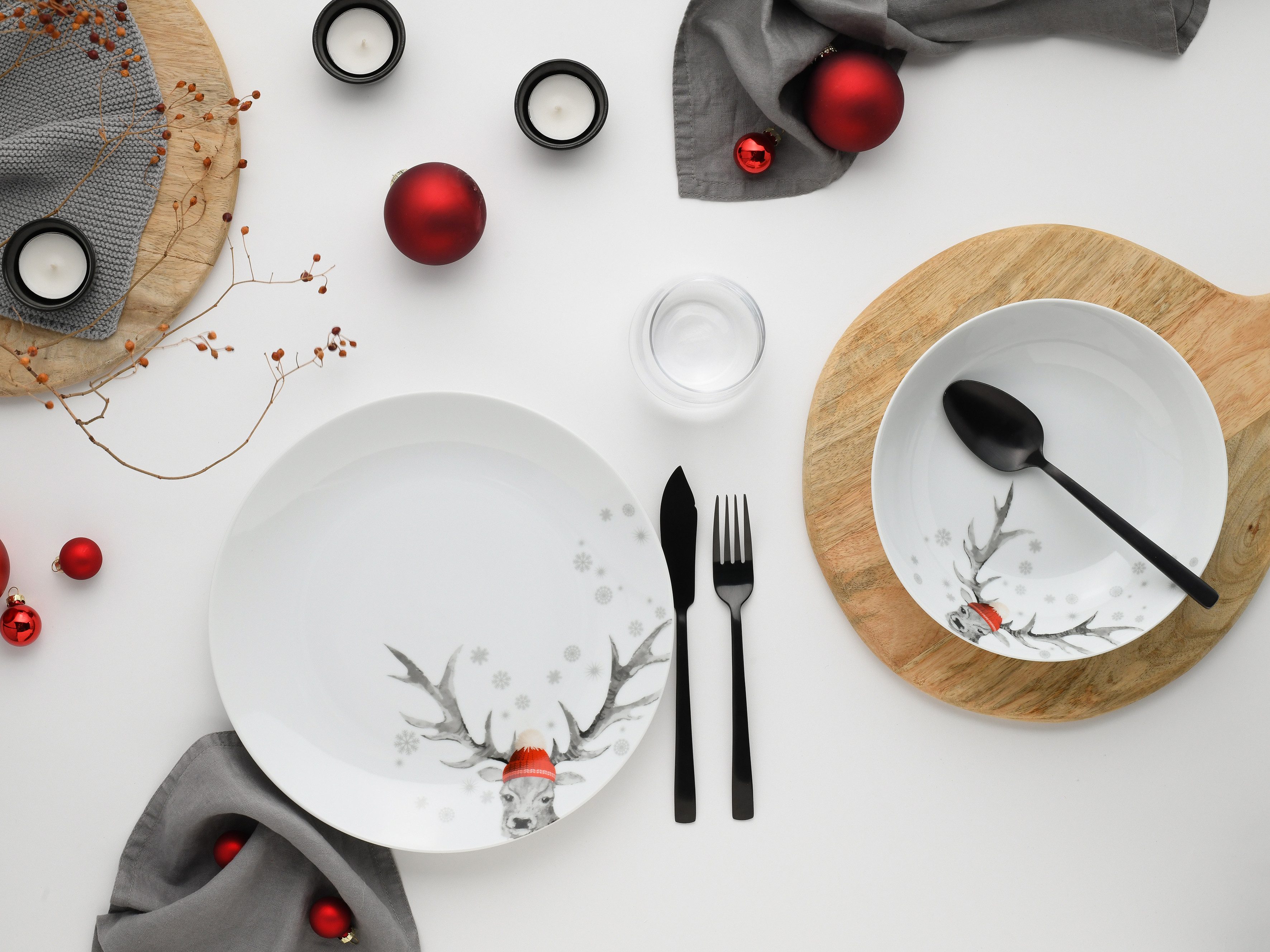 CreaTable Tafelservice Luna Hirsch (12-tlg), 6 Personen, Porzellan, winterliches Hirsch-Motiv