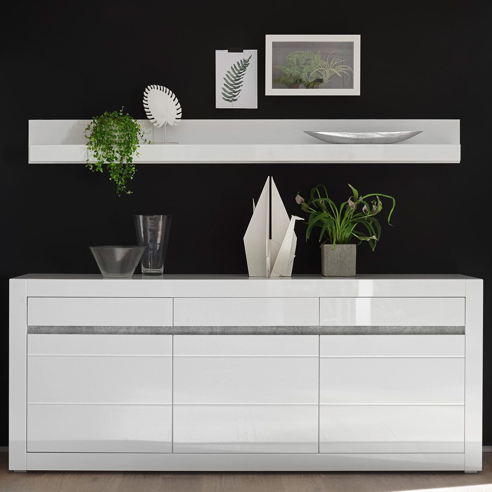Lomadox Wohnwand COGO-61, (Spar-Set, 2-St), in Hochglanz weiß mit Griffmulden in Betonoptik 217x165x42cm