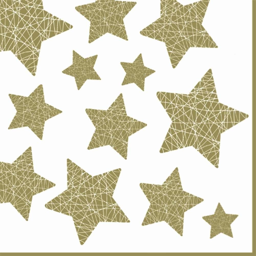 Linoows Papierserviette 20 Servietten Weihnachten glänzende goldene Sterne auf Weiß, (Packung), Motiv Weihnachten goldene Sterne auf Weiß