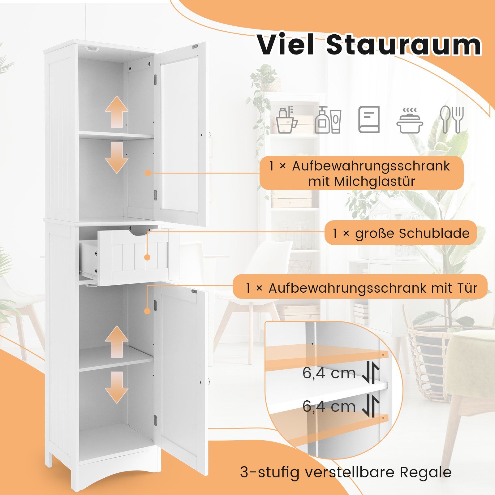 COSTWAY Hochschrank ad,mit Schublade, 4 Fächern & Glastür,schmal,Holz,170cm