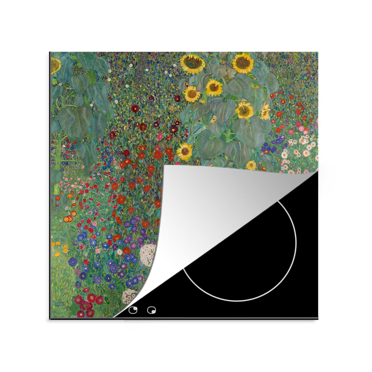 MuchoWow Herdblende-/Abdeckplatte Bauerngarten mit Sonnenblumen - Gustav Klimt, Vinyl, (1 tlg), 78x78 cm, Ceranfeldabdeckung, Arbeitsplatte für küche | Herdabdeckplatten