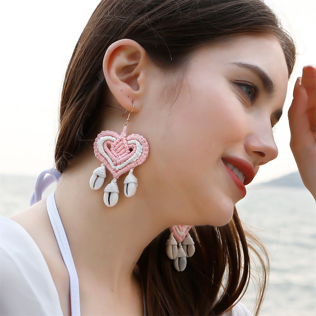 DÖRÖY Paar Ohrhänger Handgeflochtene Ohrringe für Frauen, böhmische Muschel-Ohrringe Rosa