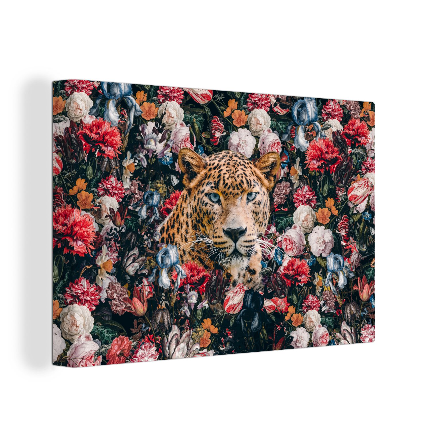 OneMillionCanvasses® Leinwandbild Leopard - Blumen - Tiere, (1 St), Wandbild Leinwandbilder, Aufhängefertig, Wanddeko, 30x20 cm