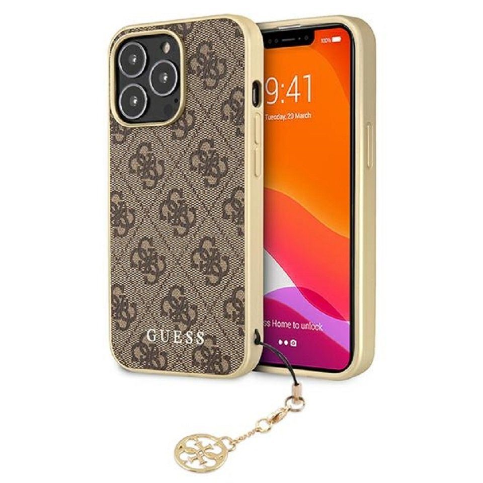 Guess Handyhülle Case iPhone 13 Pro Max Kunstleder braun mit Kette goldfarbig 6,7 Zoll, Kantenschutz