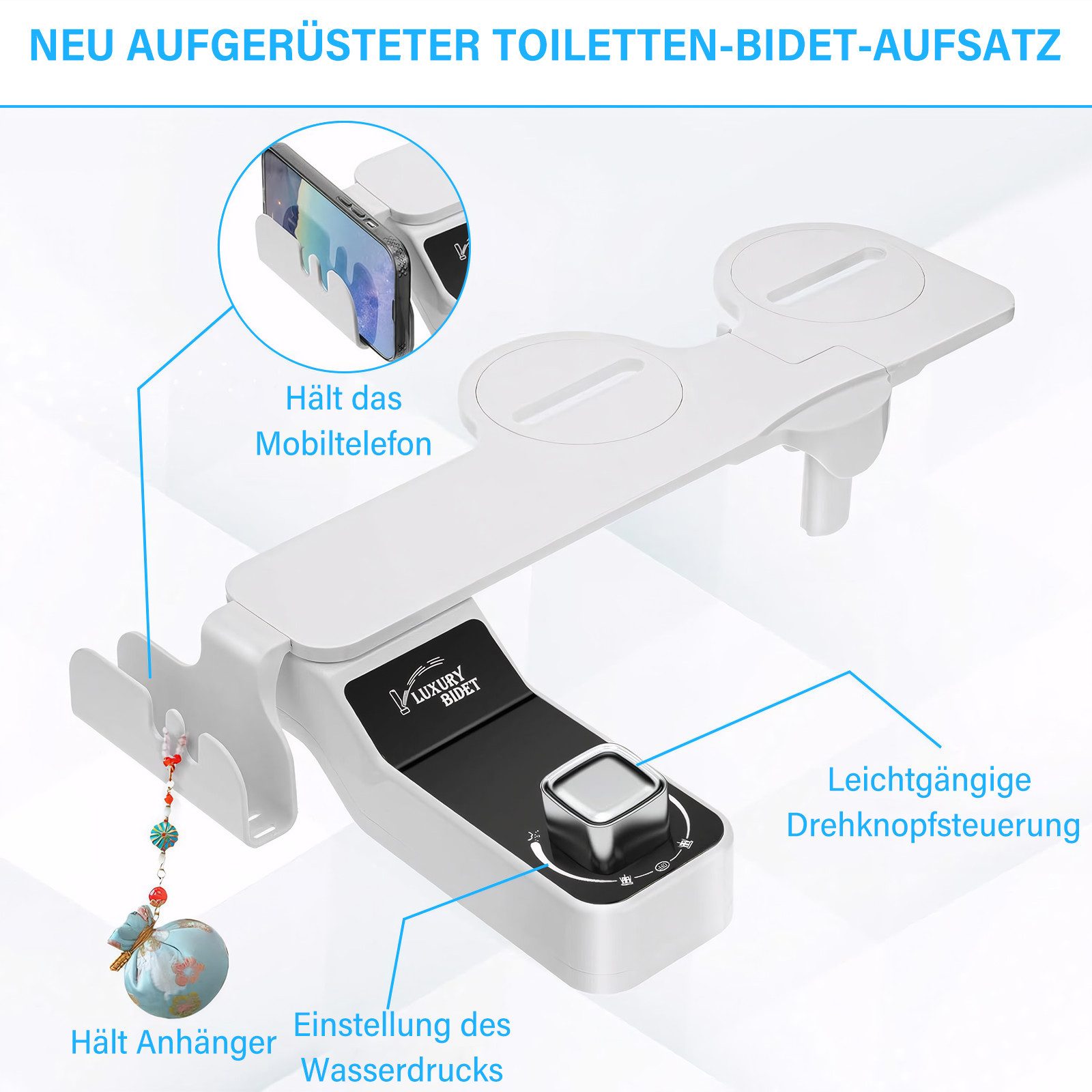 MOPUEA Bidet Bidet-Aufsatz für Bidetaufsatz Toilettensitz mit Regalhake Doppeldüsen, Toilettenmontage, Kaltwasseranschluss Abgang, 1 tlg., Doppeldüsen-Reinigungsmodus