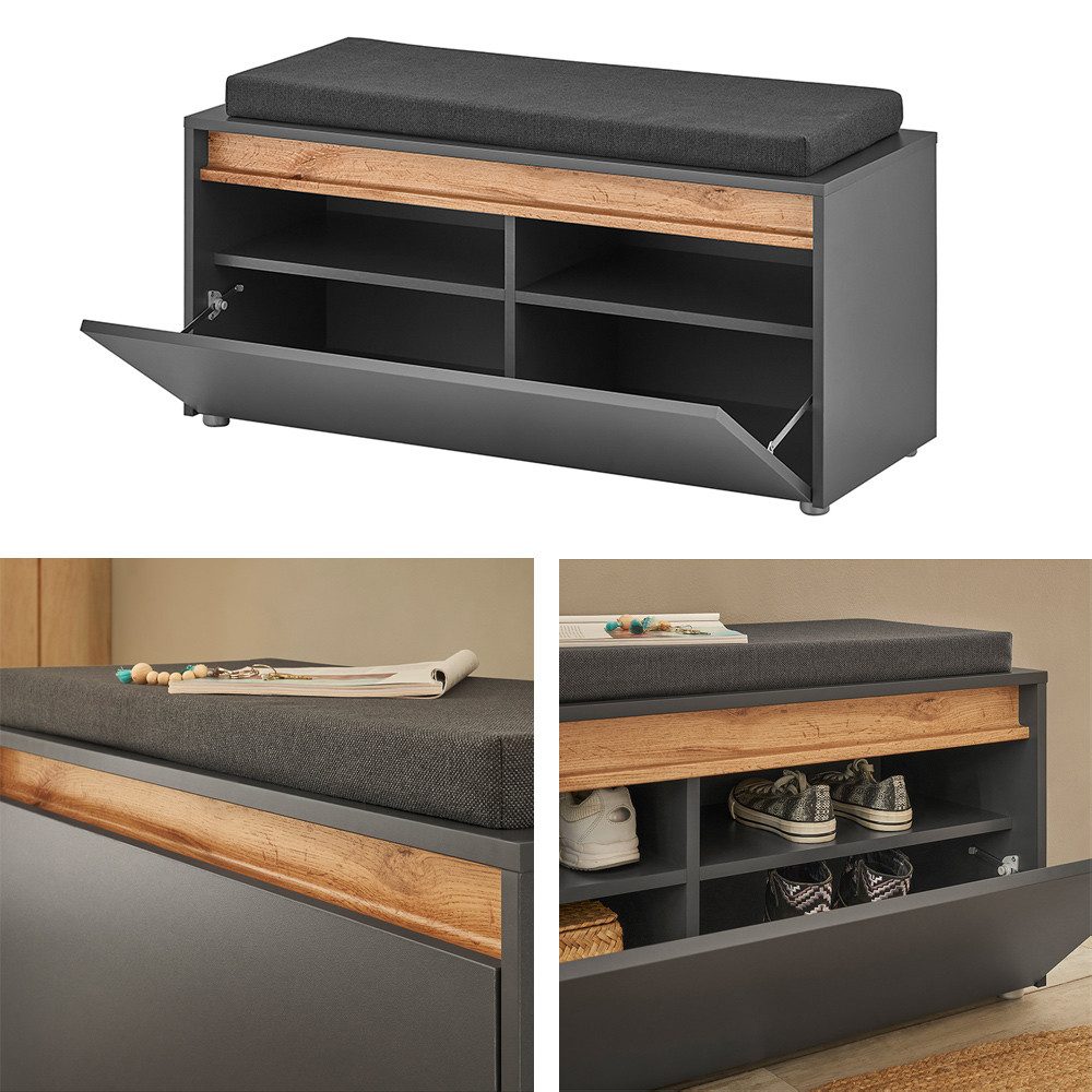 Lomadox Garderoben-Set CRISP-61, (Spar-Set, 5-St., Garderobenpaneel Schuhbank Garderobenschrank Spiegel Kommode), in anthrazit mit Wotan Eiche Nb., griffloses öffnen