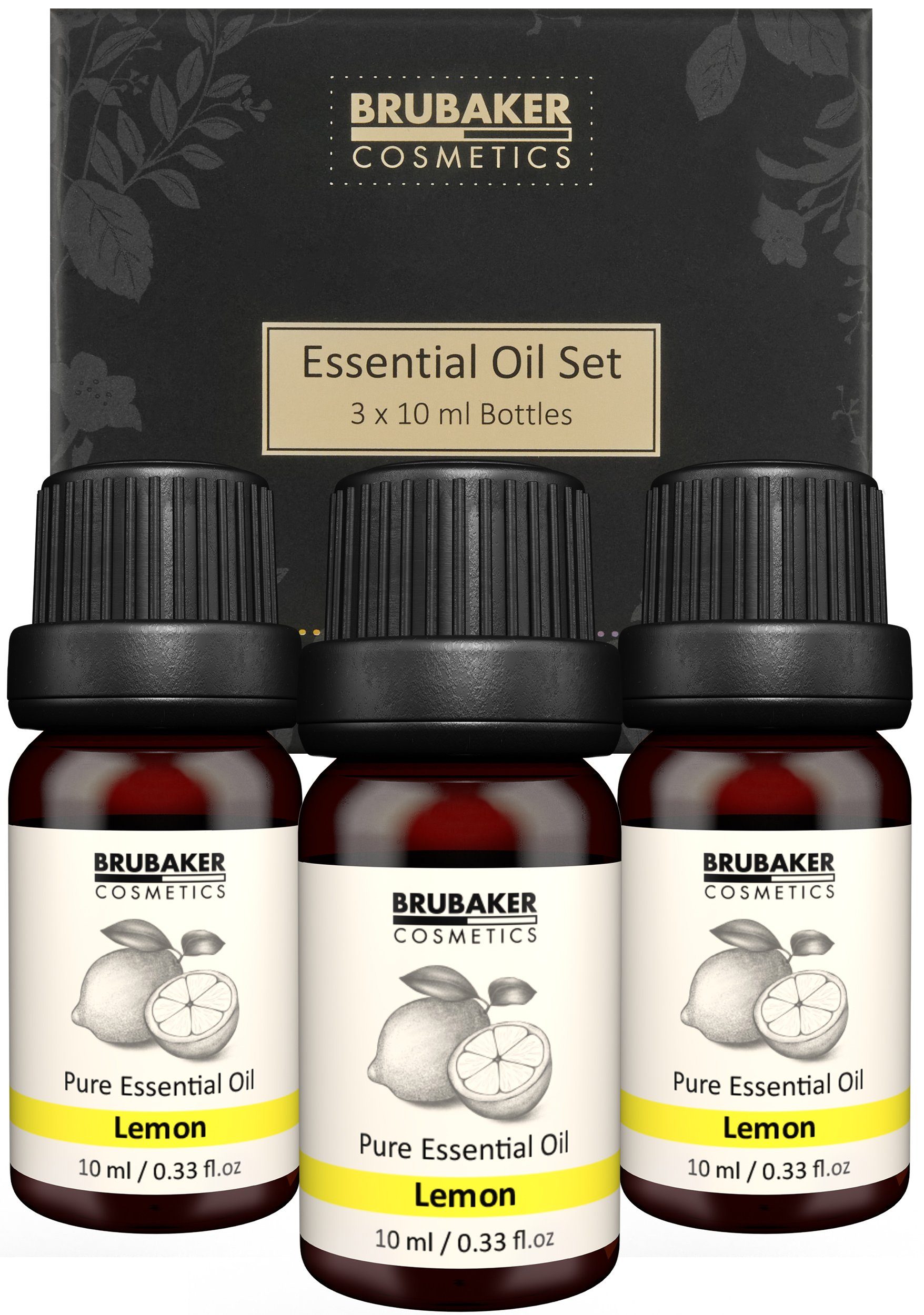 BRUBAKER Duftöl 3er-Set Lemon Öl - Konzentration, gute Laune & Lebensfreude (Naturrein & Vegan, 3 x 10 ml Zitrusöl), Ätherische Öle Aromatherapie Geschenkset