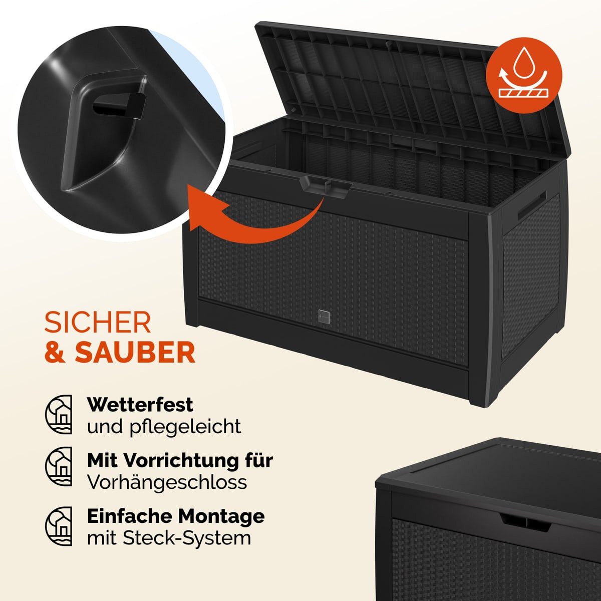 Casaria Auflagenbox Rato, 310L Haltegriffe Rollen Balkon Wohnzimmer Rattan-Optik Anthrazit