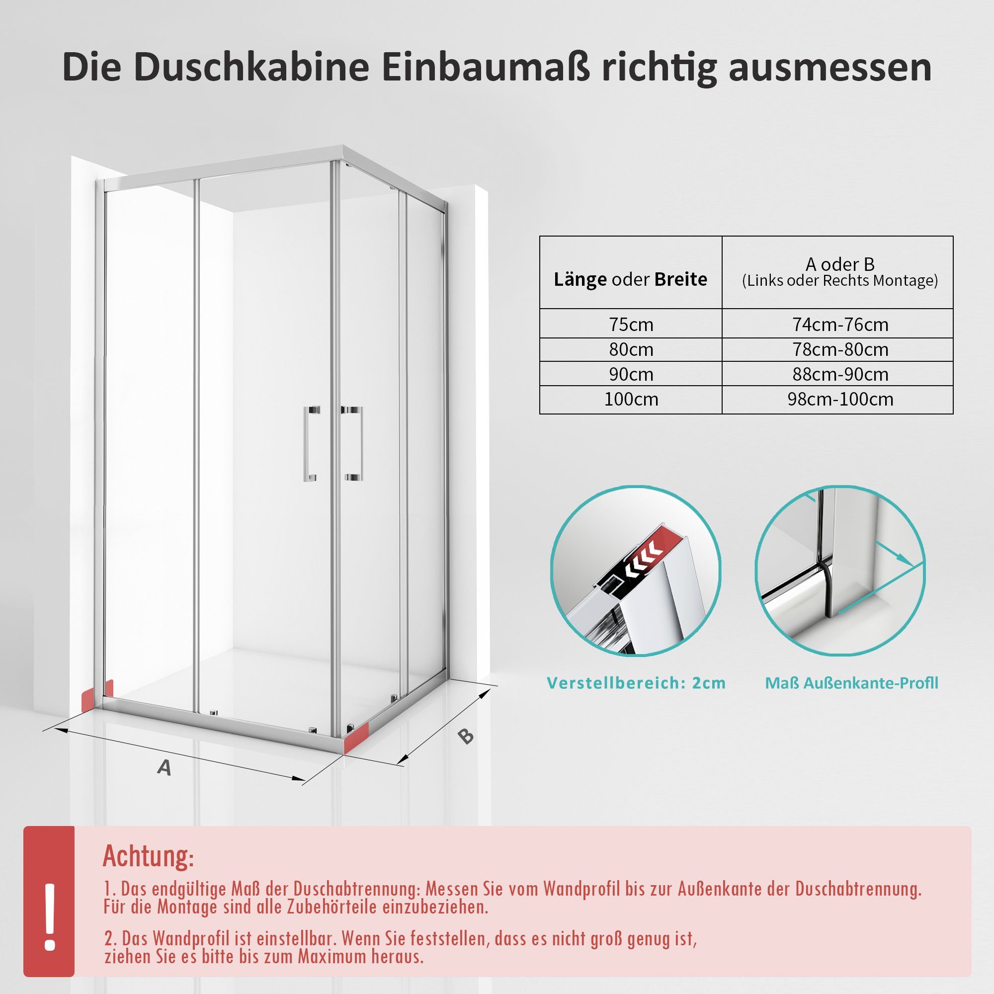 Boromal Eckdusche Eckeinstieg Duschkabine Duschabtrennung Doppel Schiebetüren Dusche, BxT: 75x80 cm, Sicherheitsglas, Dusche Duschwand 5mm ESG Glas