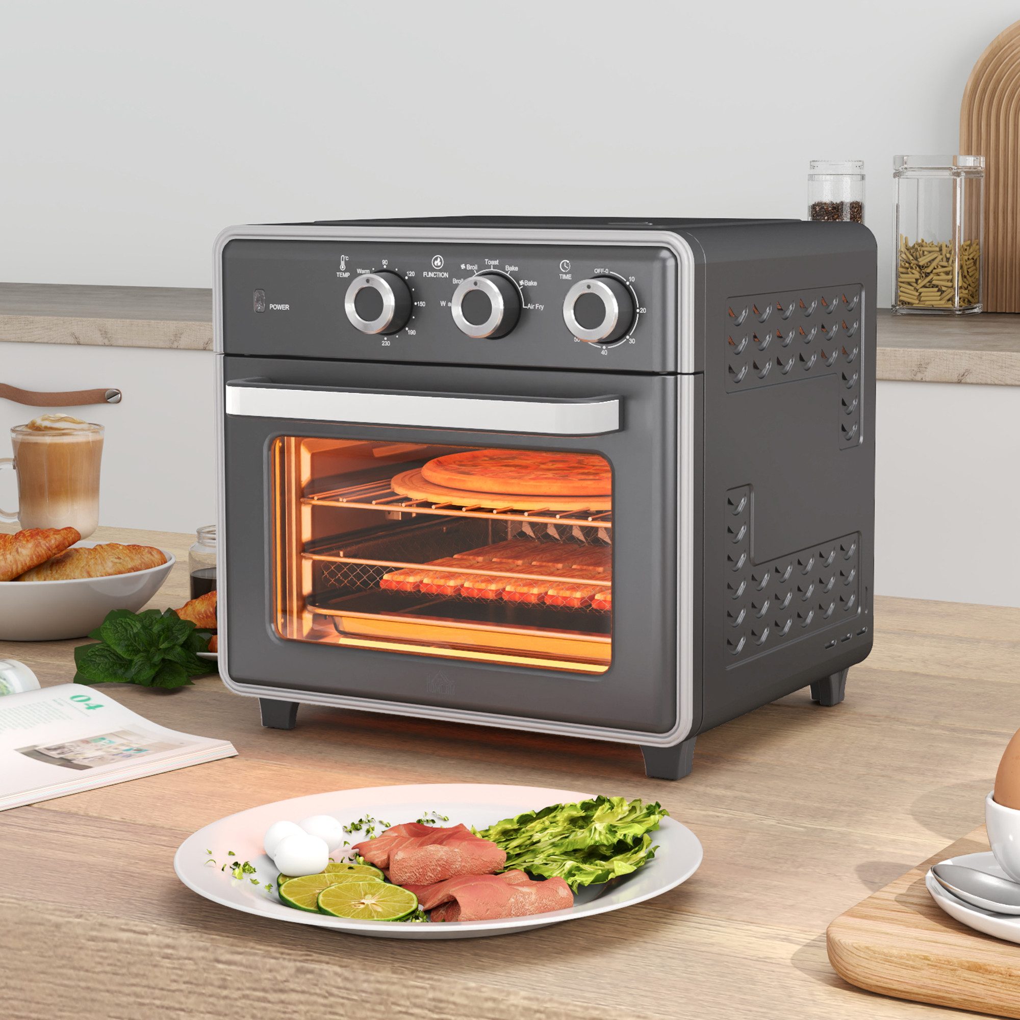 HOMCOM Minibackofen mit Umluft 20L, mit Backblech, Grillrost und Krümelblech, 90 °C-230 °C, mit 5 Modi, Frittierkorb, 60 Min. Timer, 1400W, Metall
