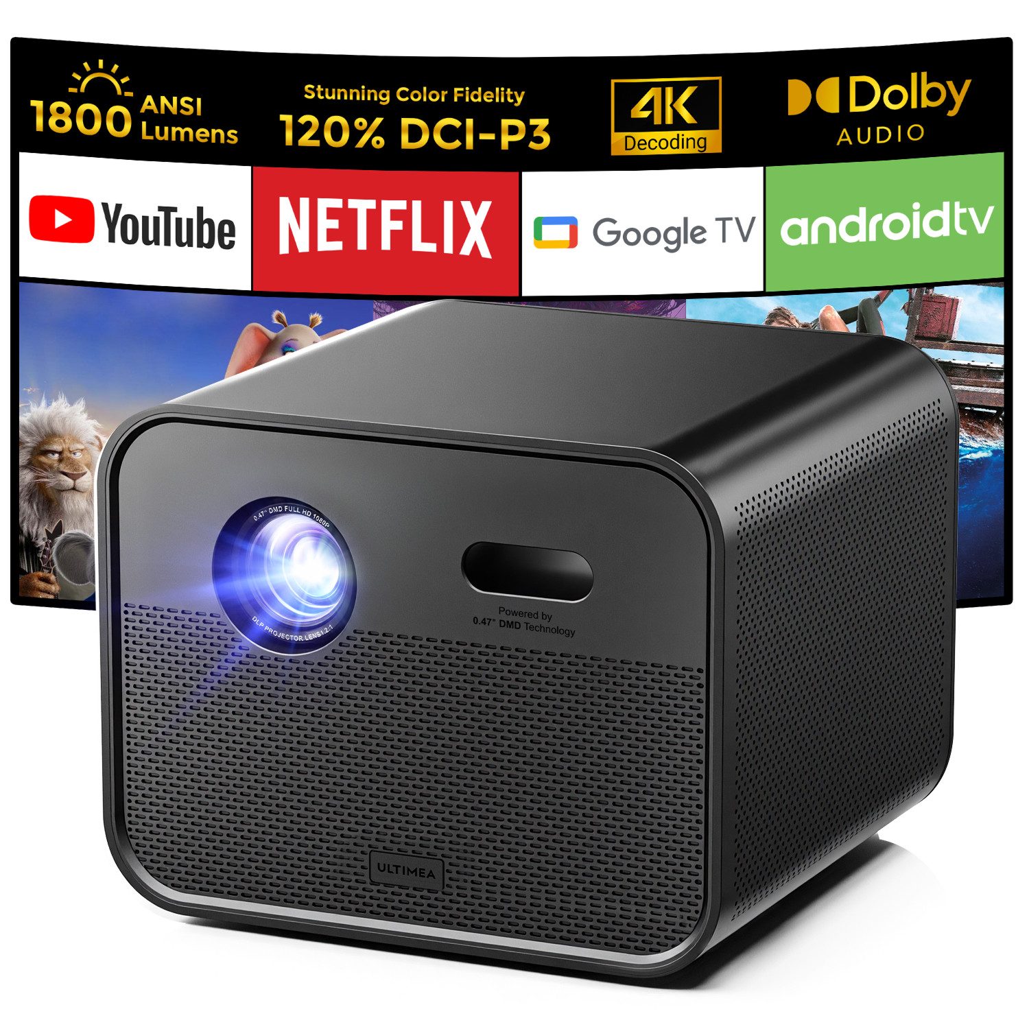 Ultimea Poseidon E100 Hochleistungs Smart DLP-Beamer (1920 x 1080 px, Google TV, 4K Проэкторы, 1800 ANSI-Lumen, 5G WiFi Bluetooth)