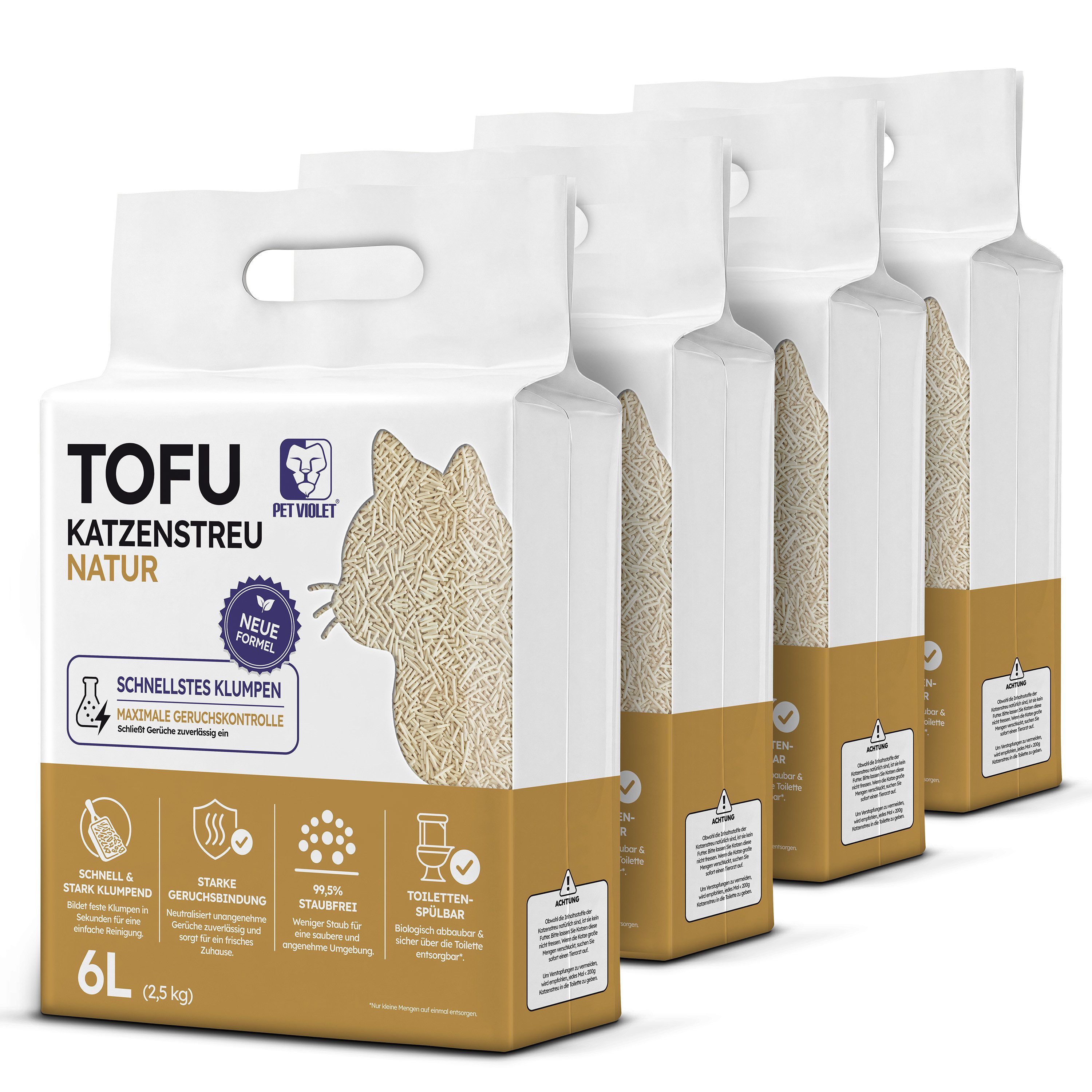 PET VIOLET Katzenstreu Tofu Klumpstreu staubarm, stark klumpend, spülbar, pflanzlich (4er Set, 4-tlg., 4 x 2,5 kg / 24 L, Natur …