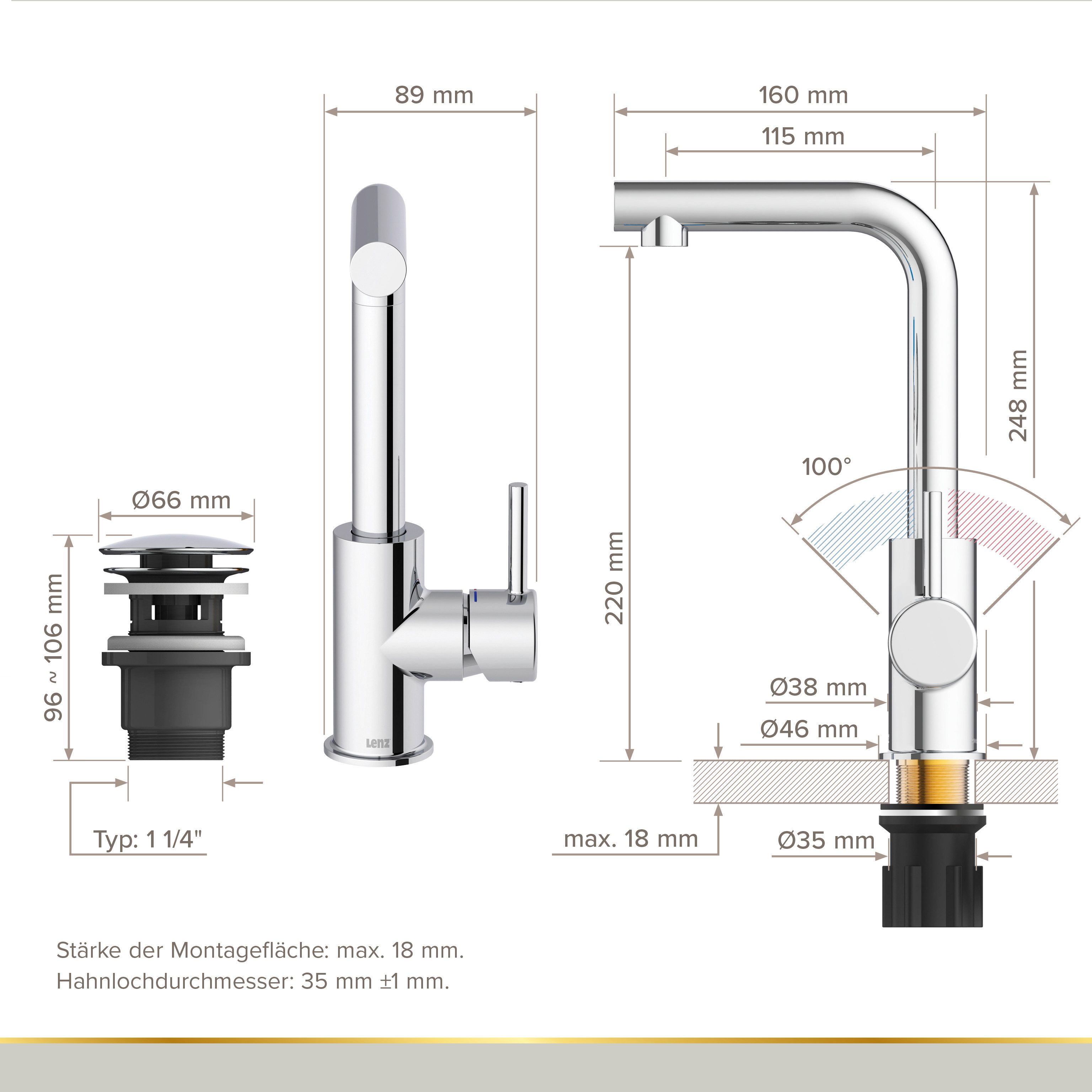 Lenz Waschtischarmatur HOKU (Armatur + Easy Clean Pop-Up Ventil) – Bild 5 von 5
