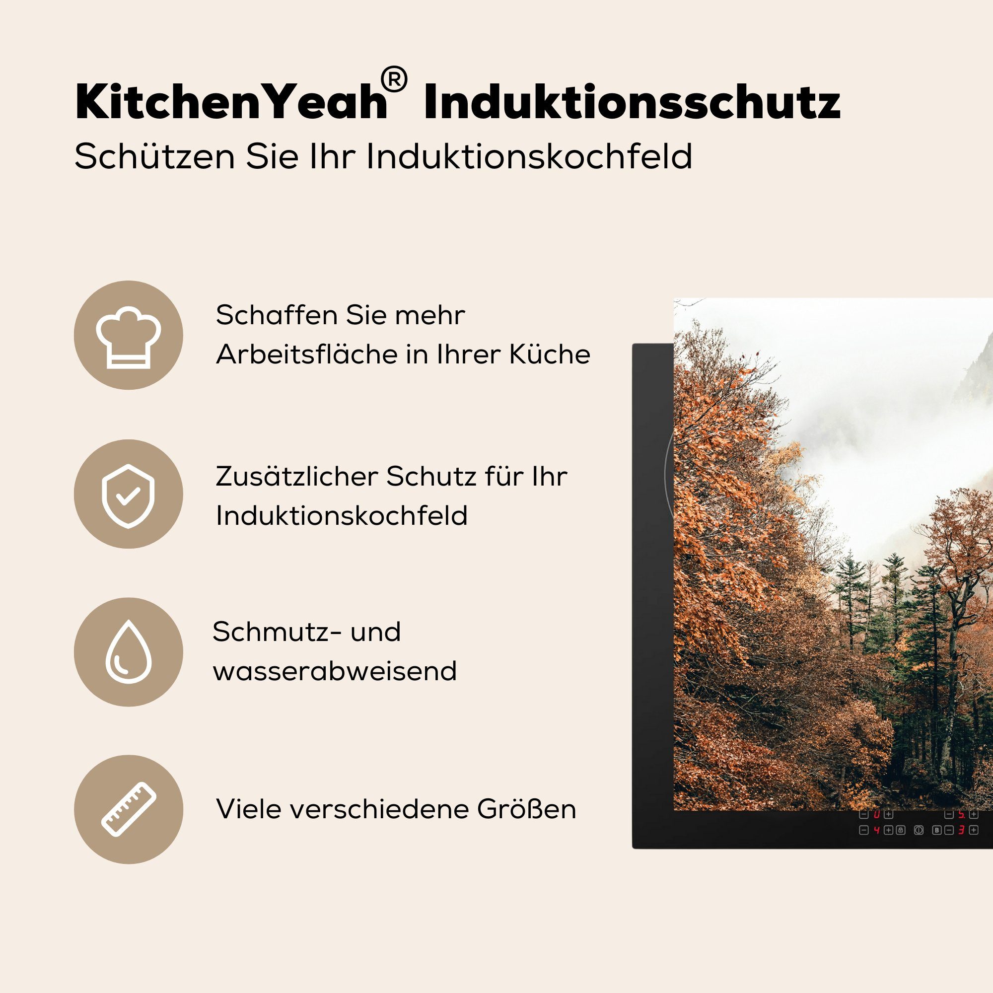 MuchoWow Herdblende-/Abdeckplatte Natur - Wald nutzbar, Mobile Ceranfeldabdeckung Vinyl, Nebel - - (1 Arbeitsfläche 60x52 tlg), cm, Herbst