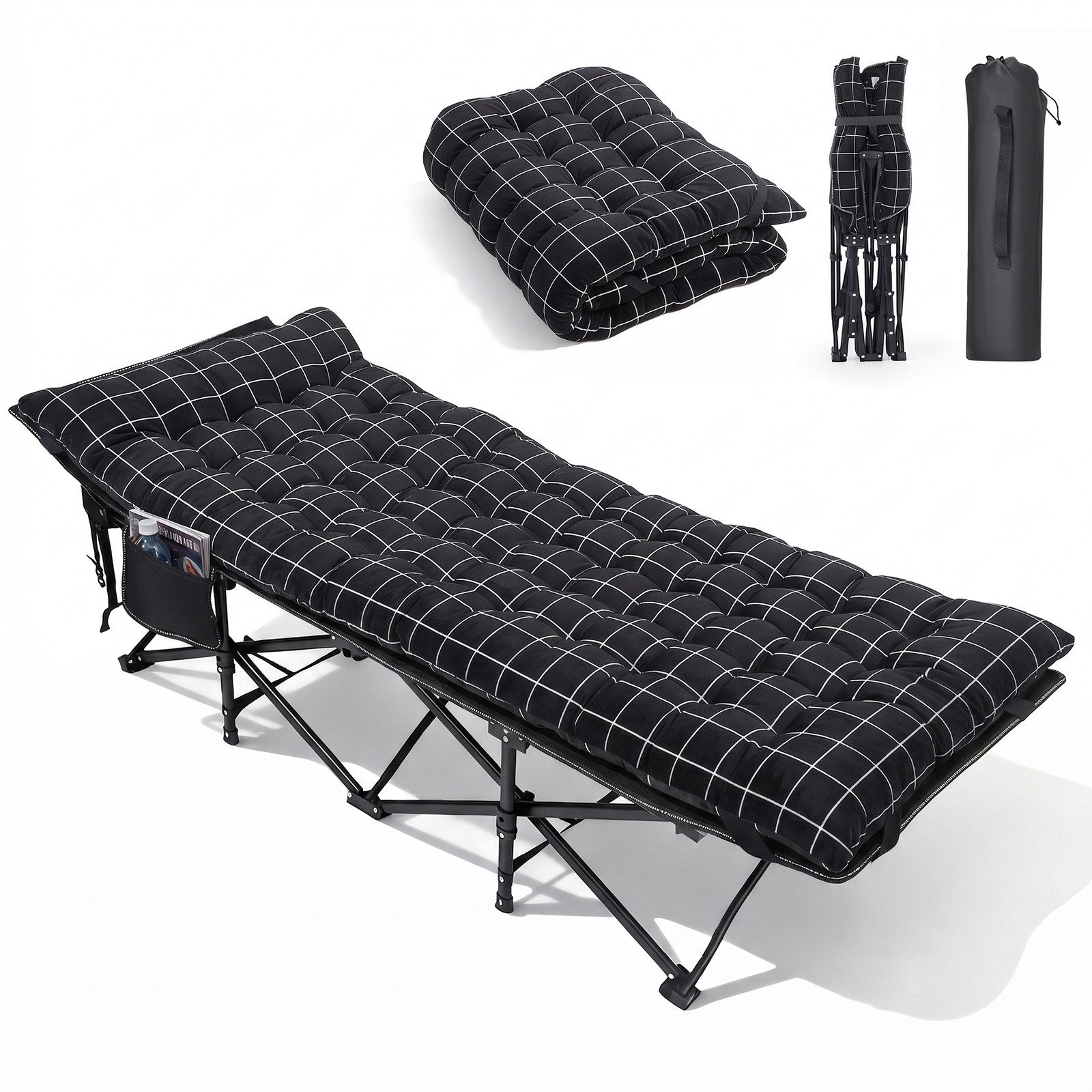 Sekey Feldbett 190cm x 71cm Campingbett Klappbar mit Matratze Gästebett Klappbett Tragbares Campingliege bis 200kg, Kariert, für Outdoor, Indoor, Reisen