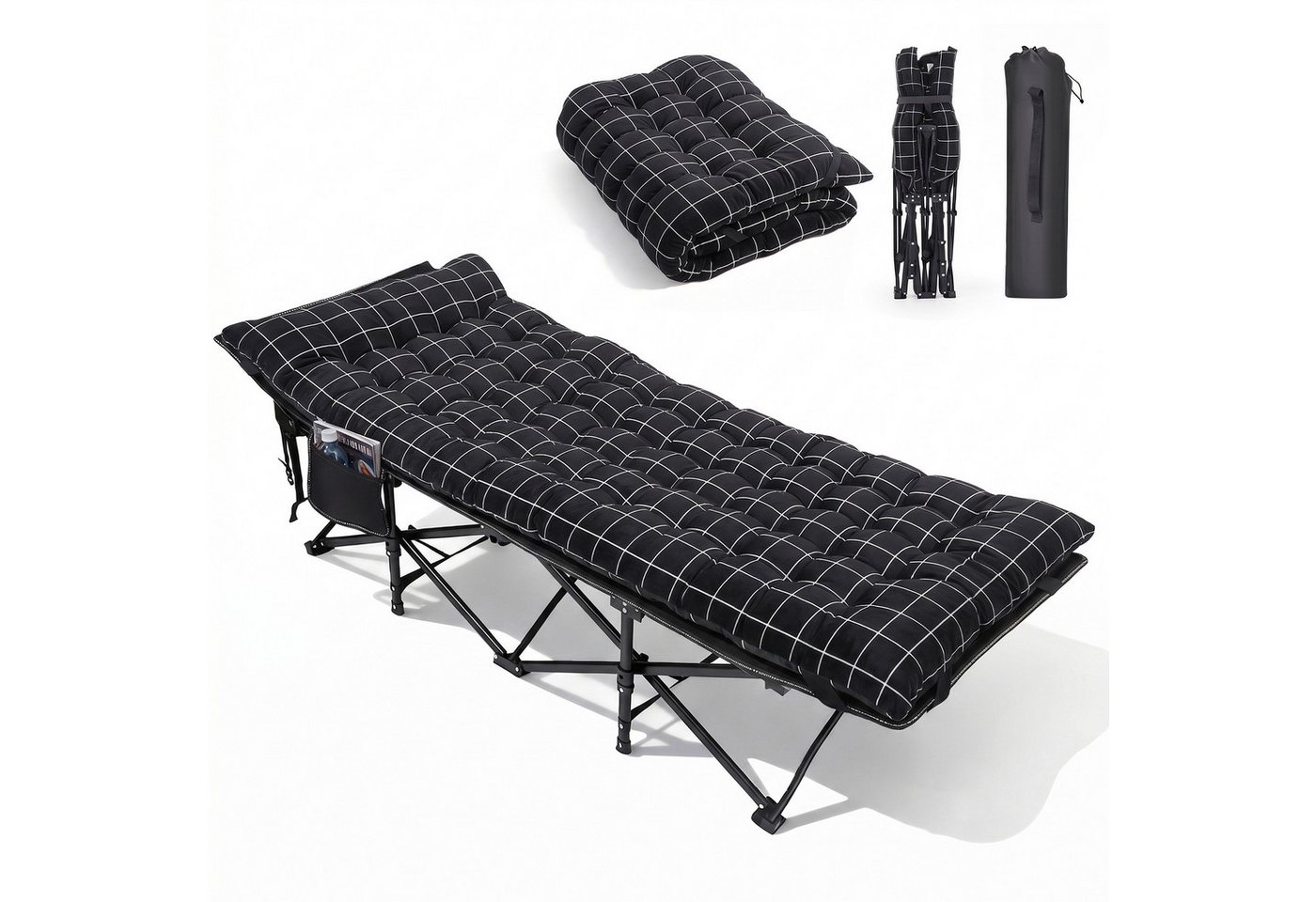 Sekey Feldbett 190cm x 71cm Campingbett Klappbar mit Matratze Gästebett Klappbett Tragbares Campingliege bis 200kg, Kariert, für Outdoor, Indoor, Reisen