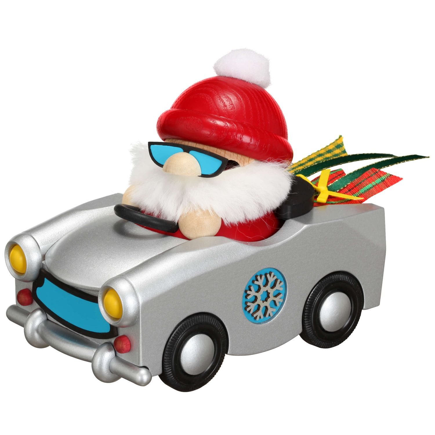 Seiffener Volkskunst Räuchermännchen Kugelräucherfigur Nikolaus im Trabbi, aus dem Erzgebirge