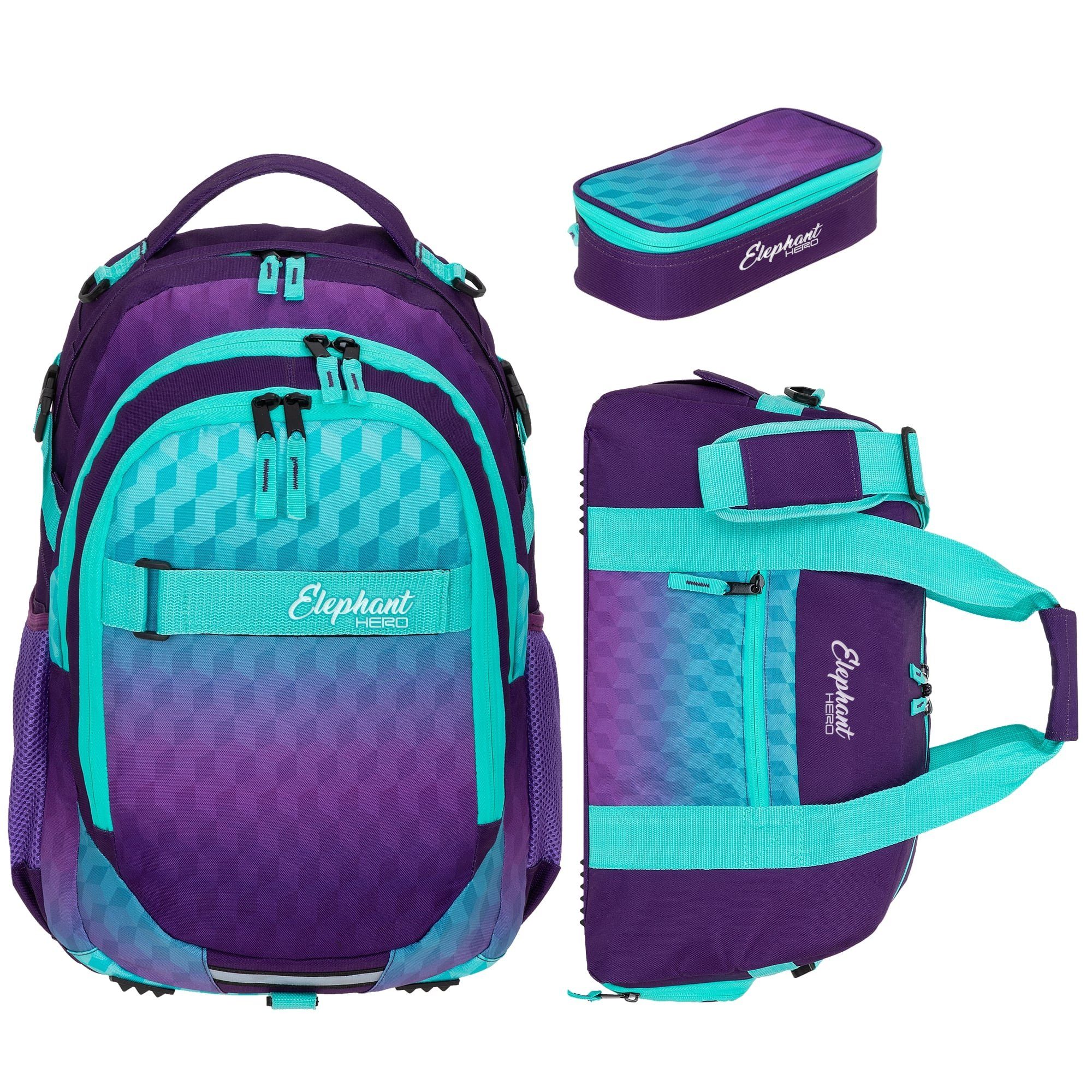 ELEPHANT Schulrucksack Hero Signature Schultasche (Set, 3-tlg., 3 Teile Rucksack Sporttasche Mäppchen Box), Softcase Schulranzen Schulmappe +rsm