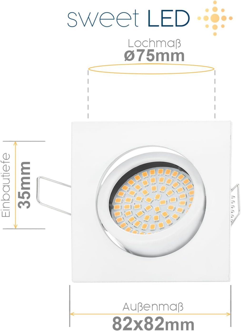Sweet LED LED Einbaustrahler 6er SET 5W 230V 3000K dimmbar LED Einbauspots eckig schwenkbar Weiß, 3000K, Warmweiß, Deckenspots, 82x82 mm, Einbauleuchten