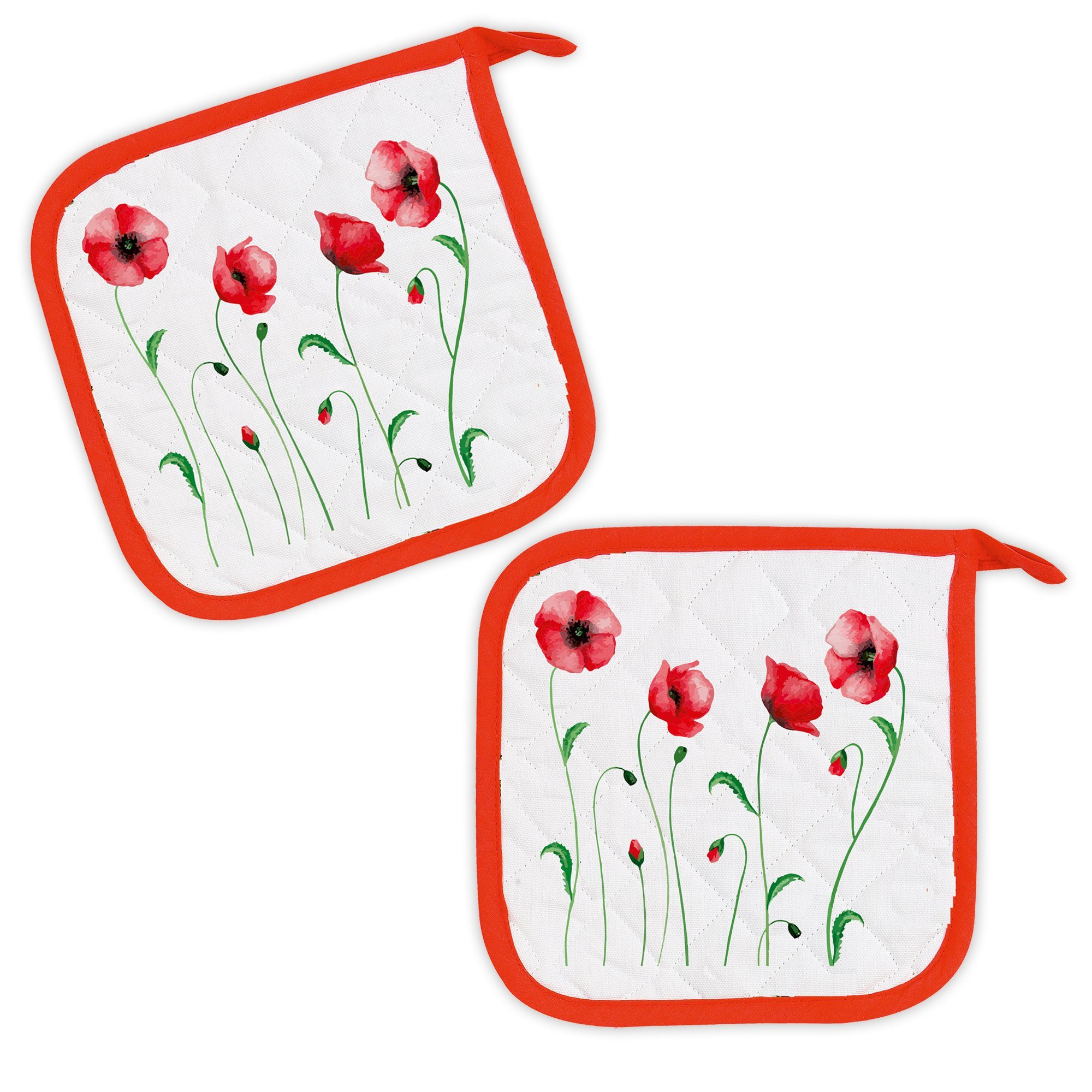 Kracht Topflappen Mohnblume, (Set, 2-tlg., Set), 2er Set Topflappen, wattiert, ca. 22x22 cm