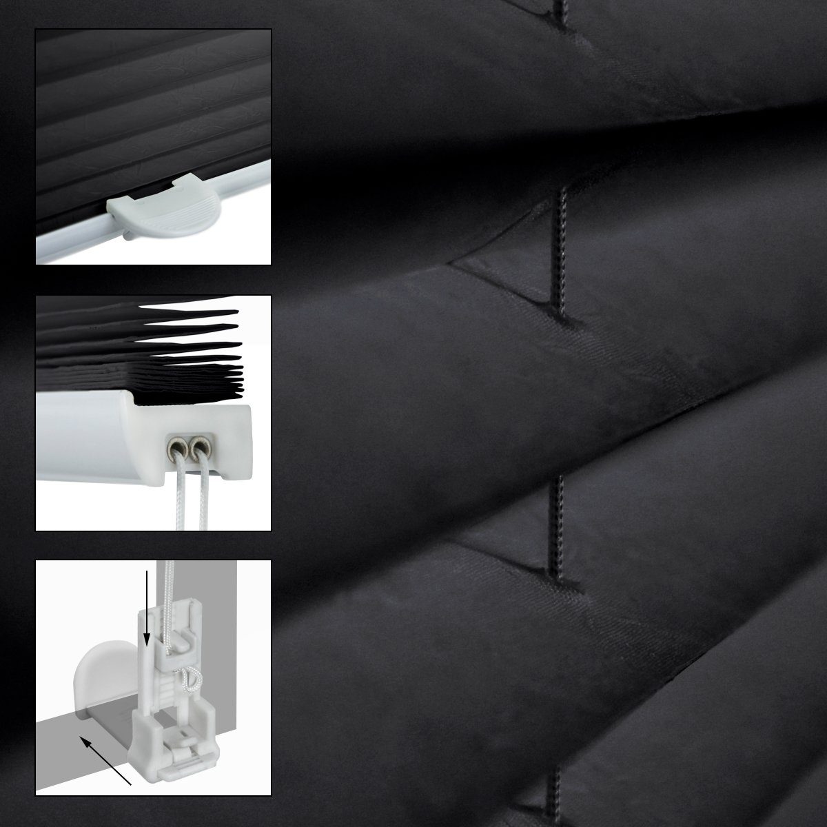 Plissee schwarz, 45x150 cm, Klemmfix, Schwarz ECD Germany, 45x150cm Befestigungsmaterial, mit Klemmfix ohne inkl. Klemmträger EasyFix Bohren