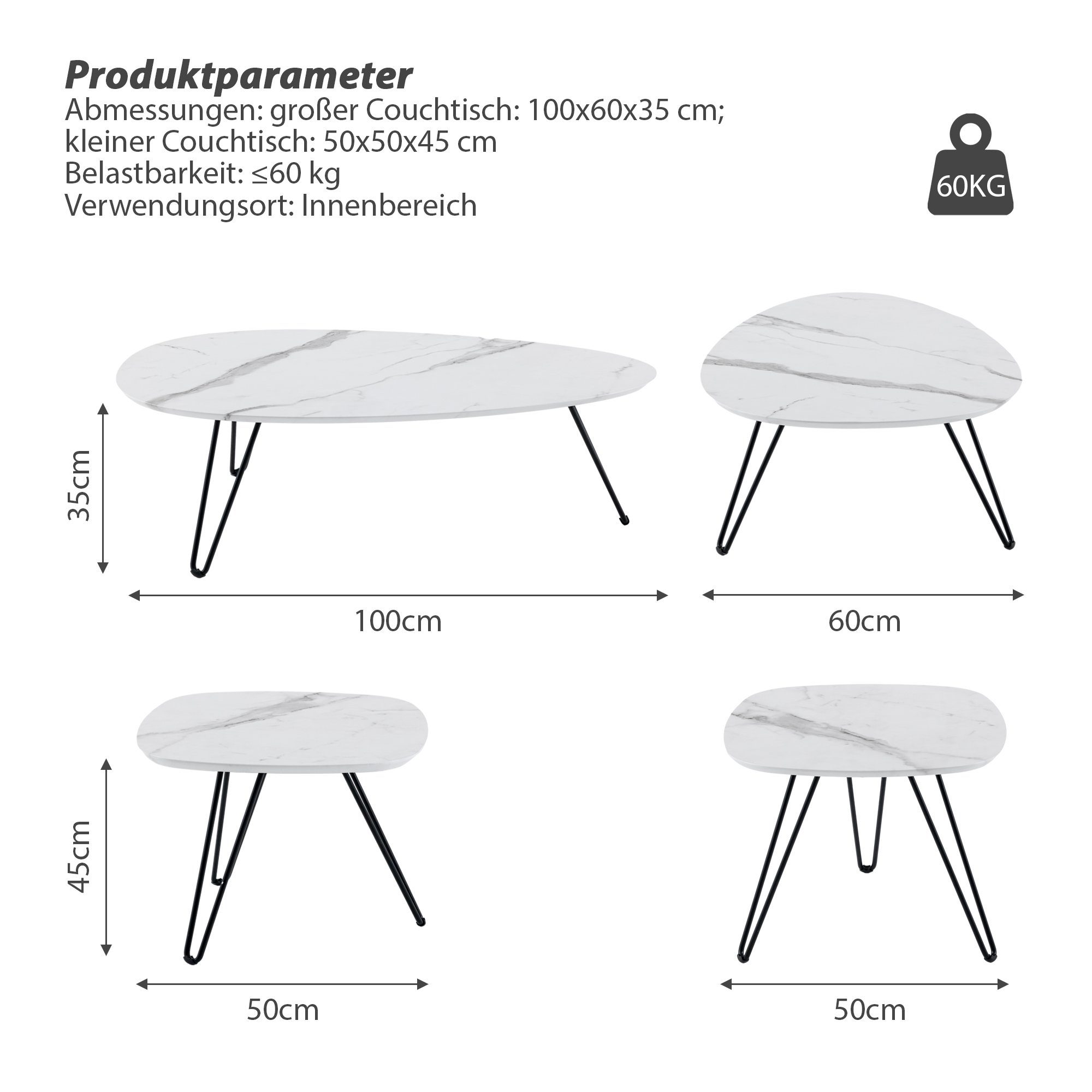 HomeGuru Couchtisch Set,Satztisch,Beistelltisch,Marmormuster,gefast,modernes (2-St., Weiß Design 2er Set)