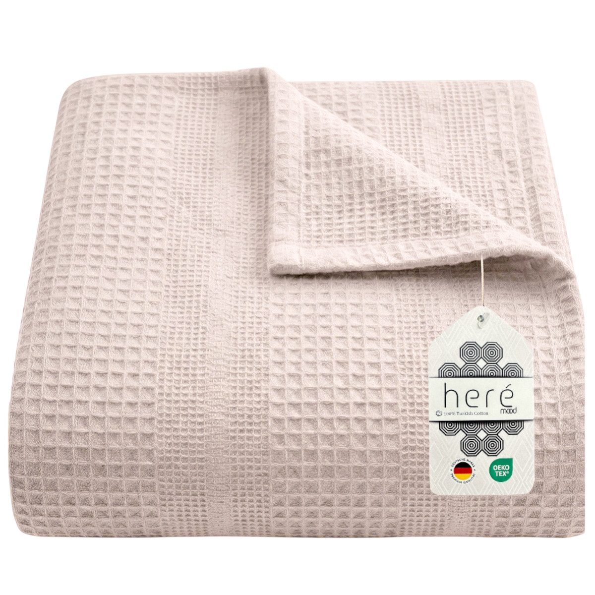 herémood Tagesdecke aus 100% Baumwolle – Elegante Waffelpique Wohndecke 180x220 cm, weiche, Kuscheldecke für Sofa & Bett, atmungsaktiv & pflegeleicht – BEIGE