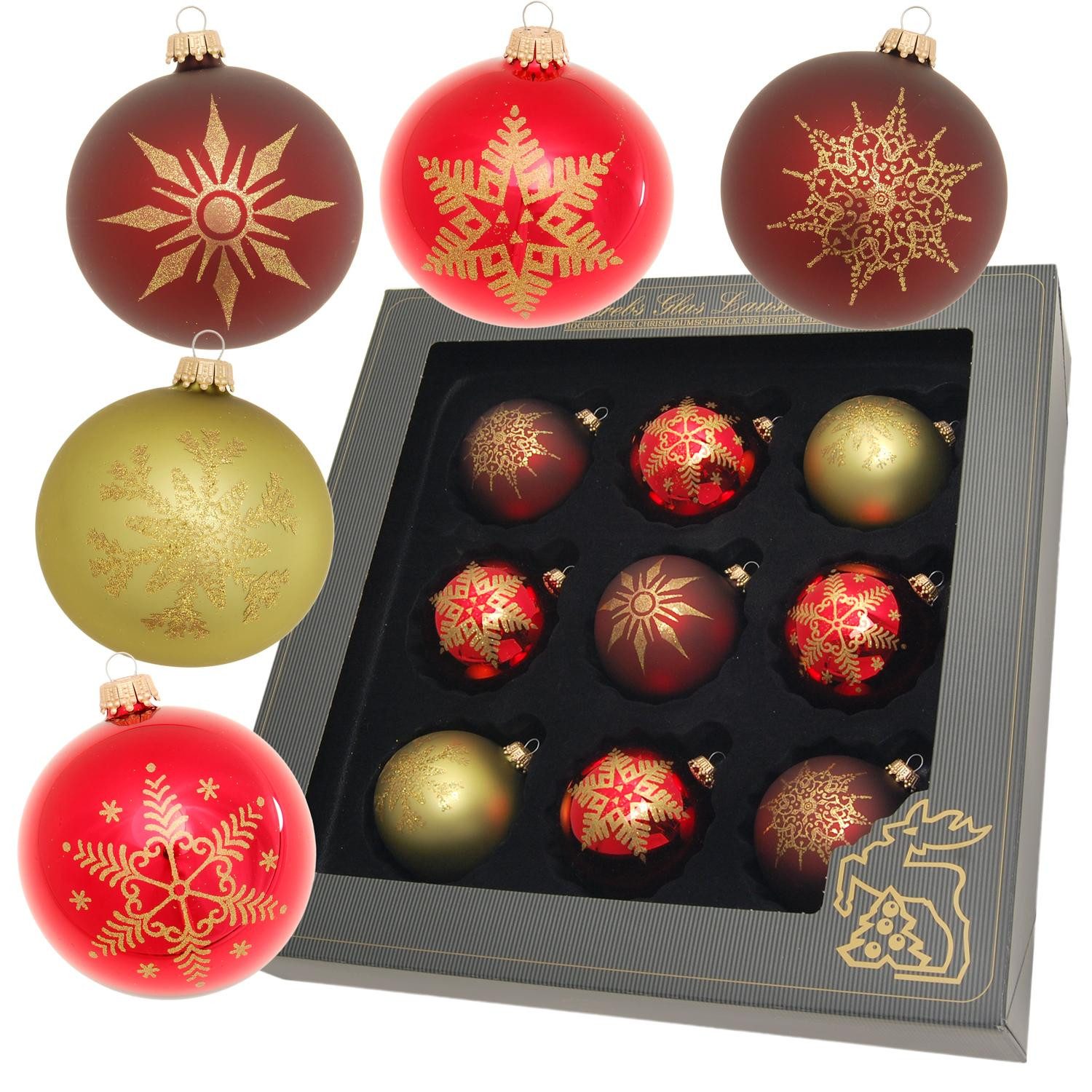 Krebs Glas Lauscha Weihnachtsbaumkugel 9er Set - Rot/Grün in matt und glänz günstig online kaufen