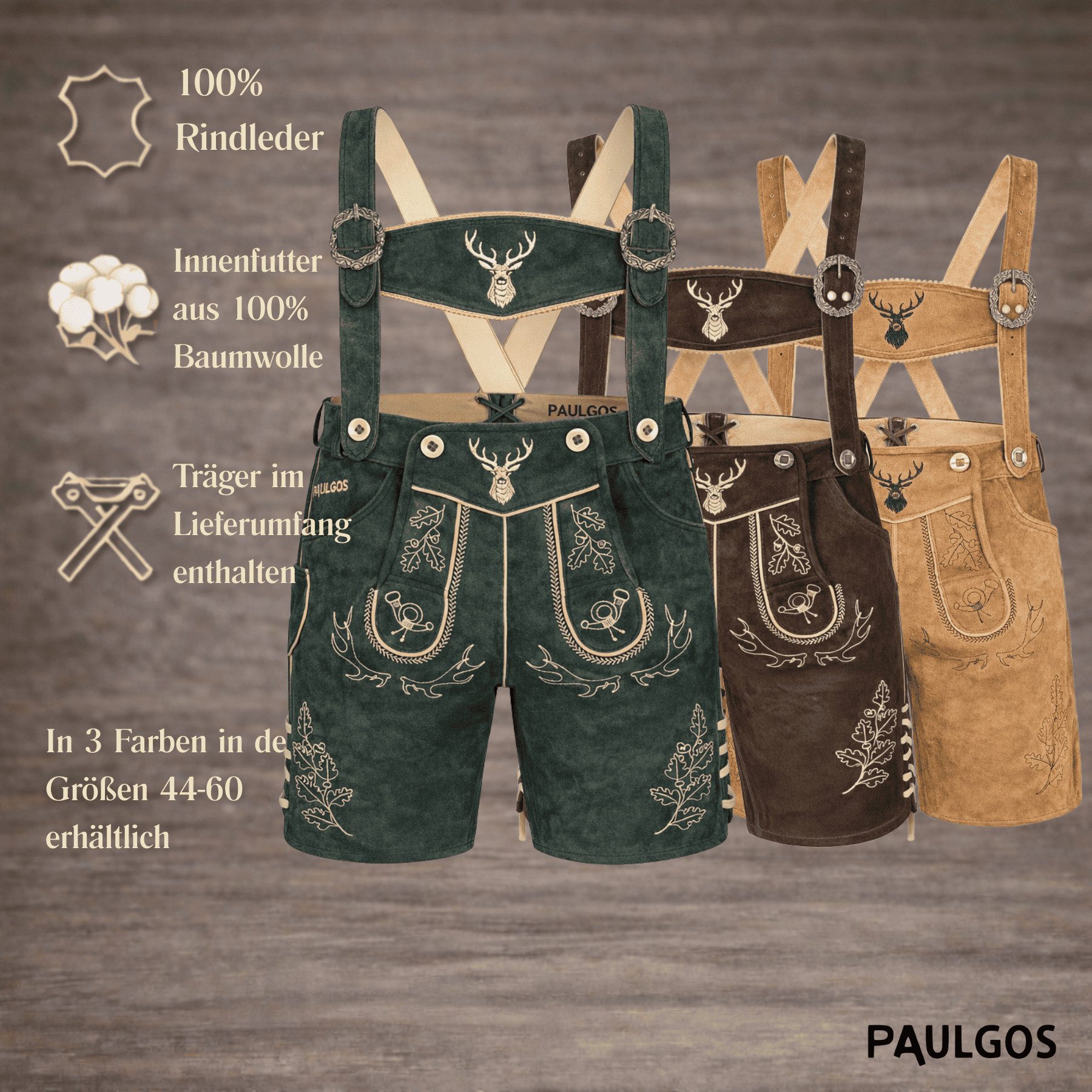 PAULGOS Trachtenhose Herren Lederhose Kurz mit Trägern 100% Echtleder - HK5