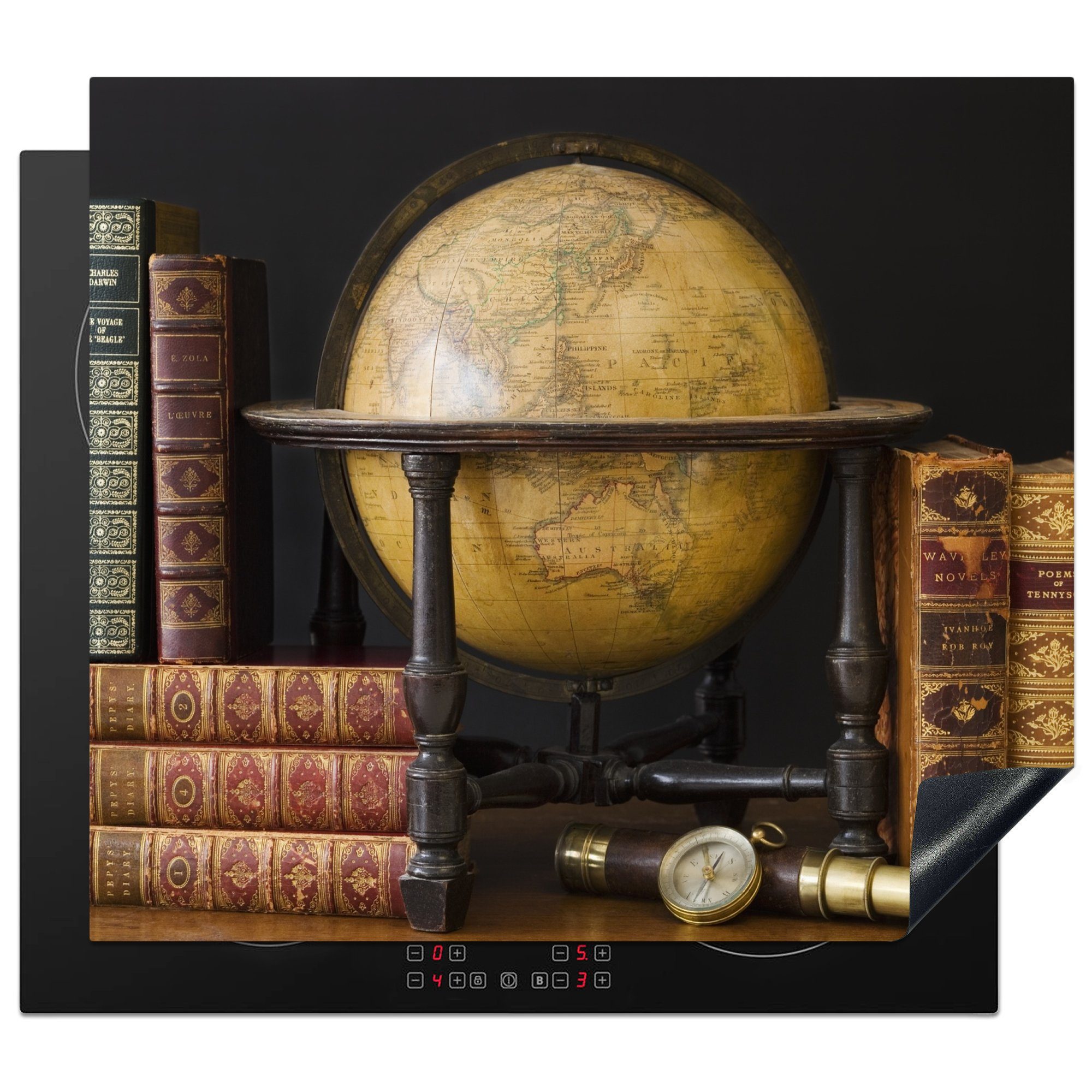 MuchoWow Herdblende-/Abdeckplatte Antiker Globus auf einem Tisch mit Büchern, Vinyl, (1 tlg), 60x52 cm, Mobile Arbeitsfläche nutzbar, Ceranfeldabdeckung