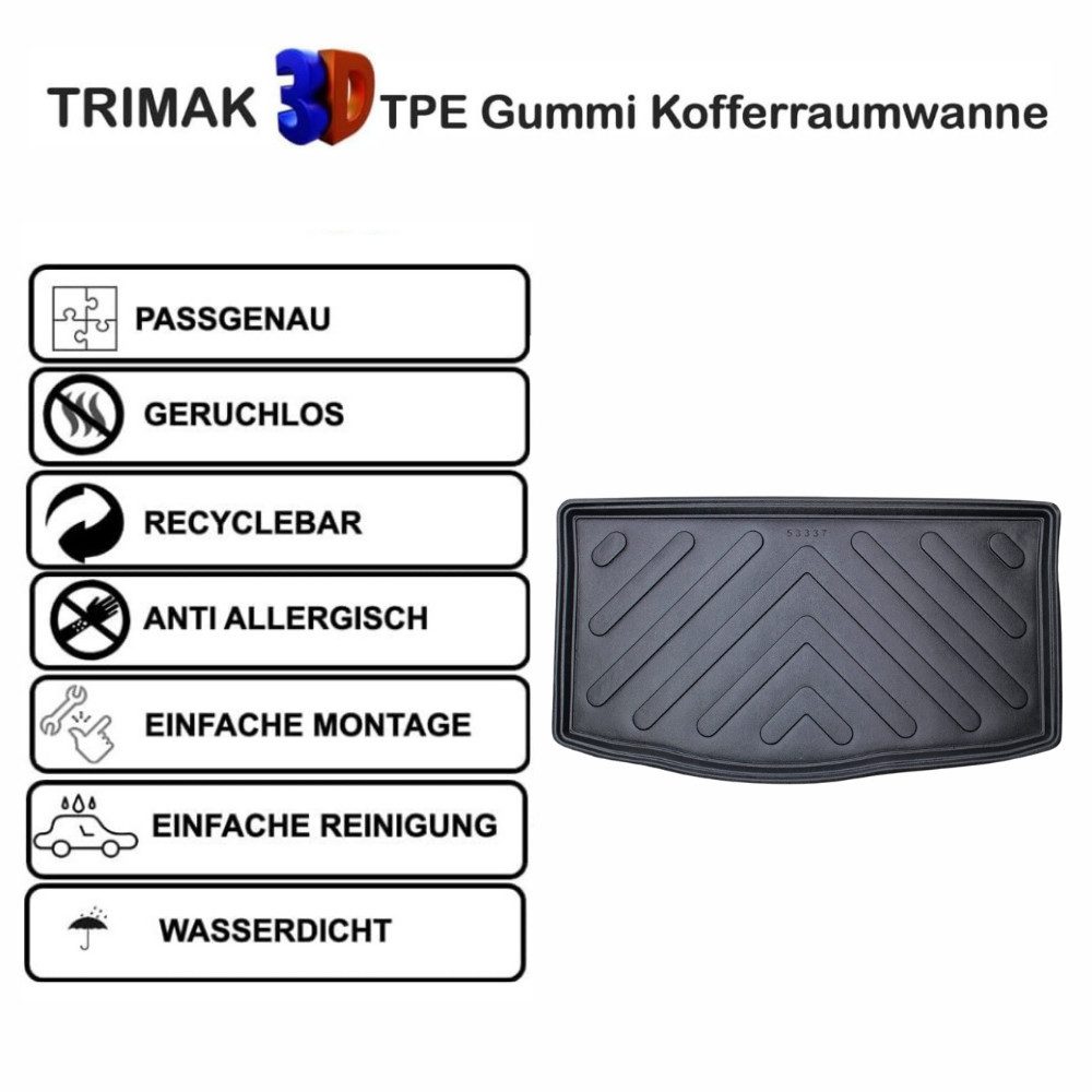 Trimak Passform-Fußmatten Oder Kofferraumwanne Oder Set für Hundai i10, Hyundai i10 3. Gen. AC3 ab 2019 Kofferraummatte TPE Antirutschmatte