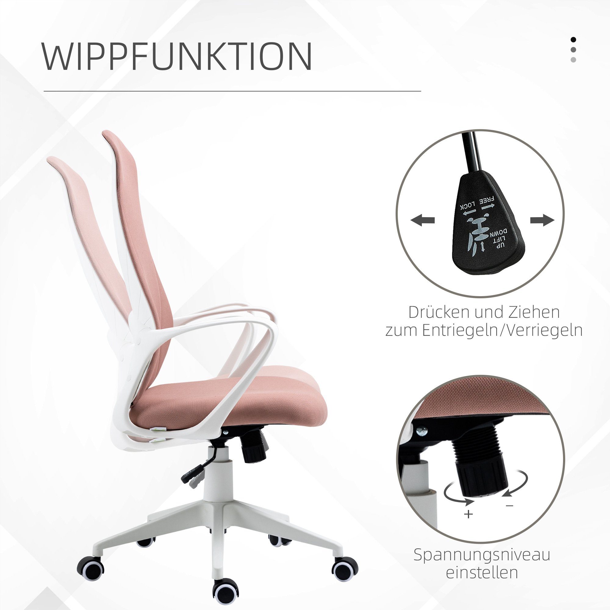 Stuhl Bürostuhl (Computerstuhl, 56 PC 1 Stretchstoff, Schreibtischstuhl 62 110-119,5 St), x cm Drehbarer x Wippfunktion, mit Rosa, Vinsetto