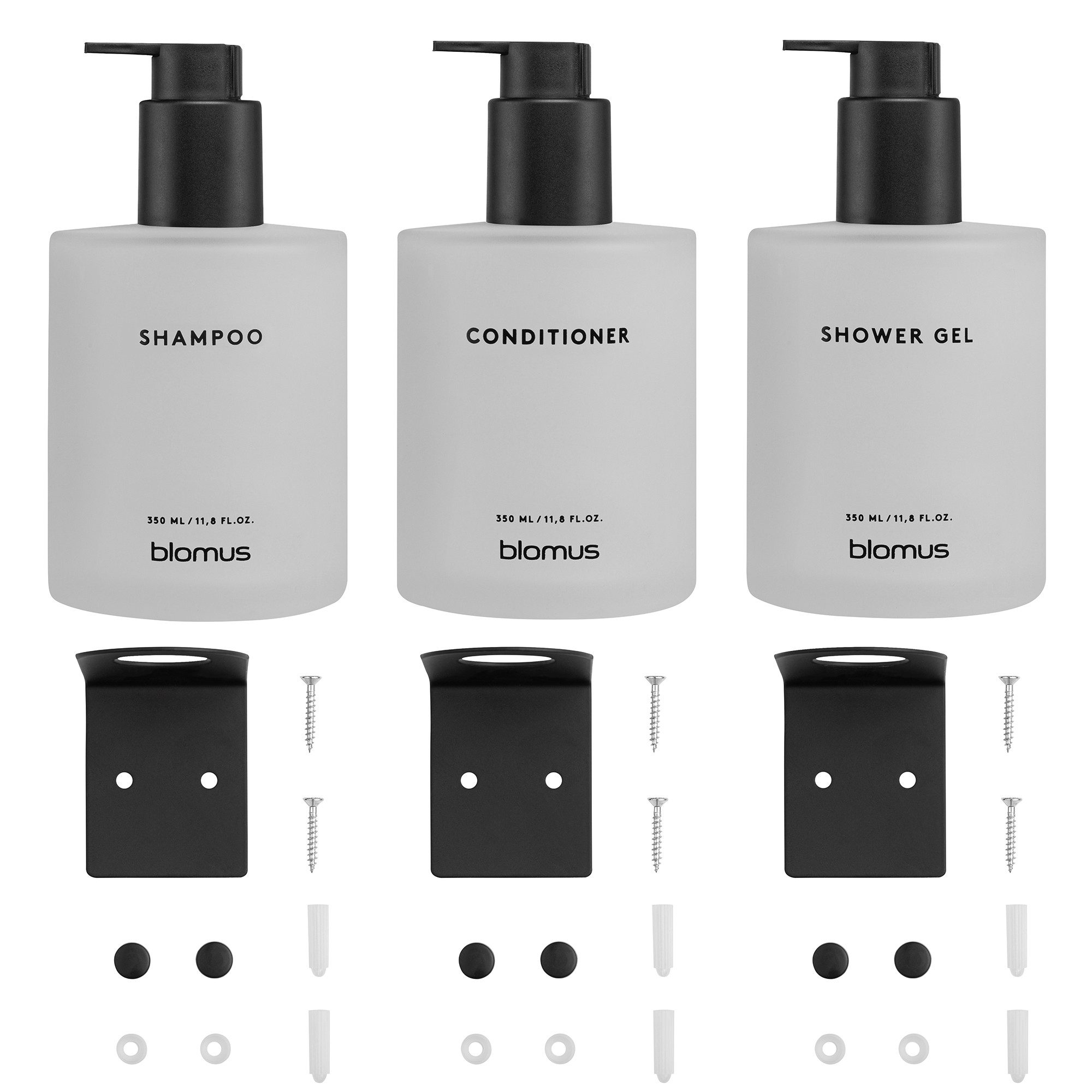 blomus Seifenspender Glasflaschen 3er Set -KIREI- Shampoo, Duschgel & Conditioner Spender, (3er-Set, 3-tlg), Stilvolle Glasflasche, Nachhaltig, inkl. Wandhalterung, Bad