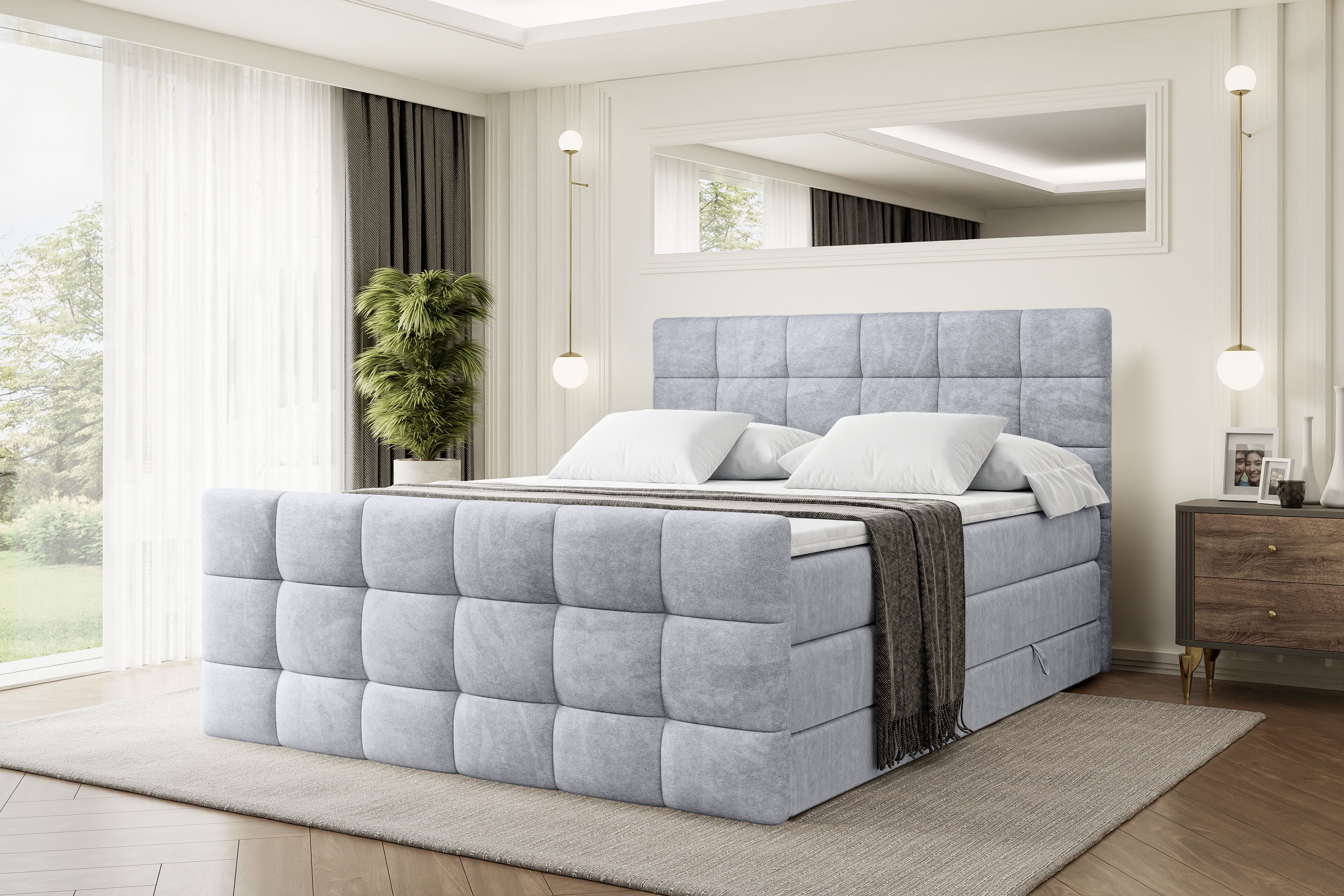 ALTDECOR Boxspringbett BRUGO-Z KING (mit Matratze und Lattenrost Topper Polsterbett mit Bettkasten Boxbett), H4 Multipocket, H3 Bonellfederung, Doppelbett Springboxbett