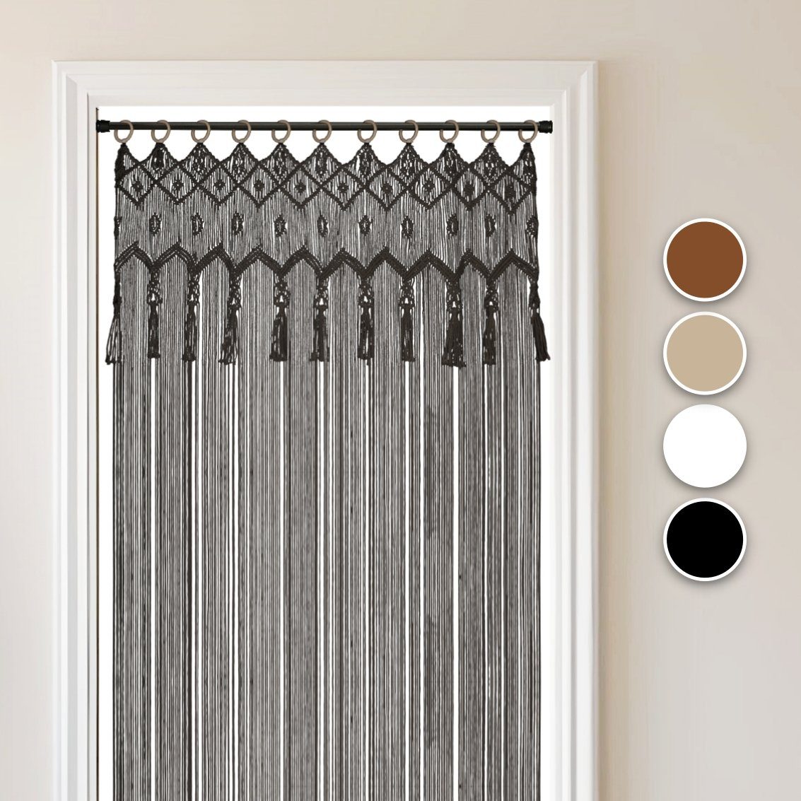 Cozyor Vorhang Makramee 132 x 200 cm mit Vorhangstange 70-120 cm, Boho Gardine (1 St), Ösen, Baumwolle, Raumteiler schwarz Eclipse, Boho Wandteppich, Türvorhang handgemacht