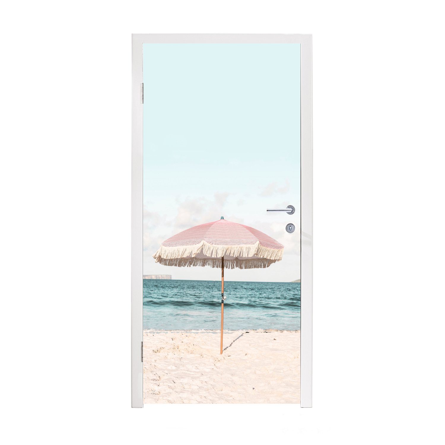 MuchoWow Türtapete Sonnenschirm - Strand - Meer - Wolken, Matt, bedruckt, (1 St), Fototapete für Tür, Türaufkleber, 75x205 cm