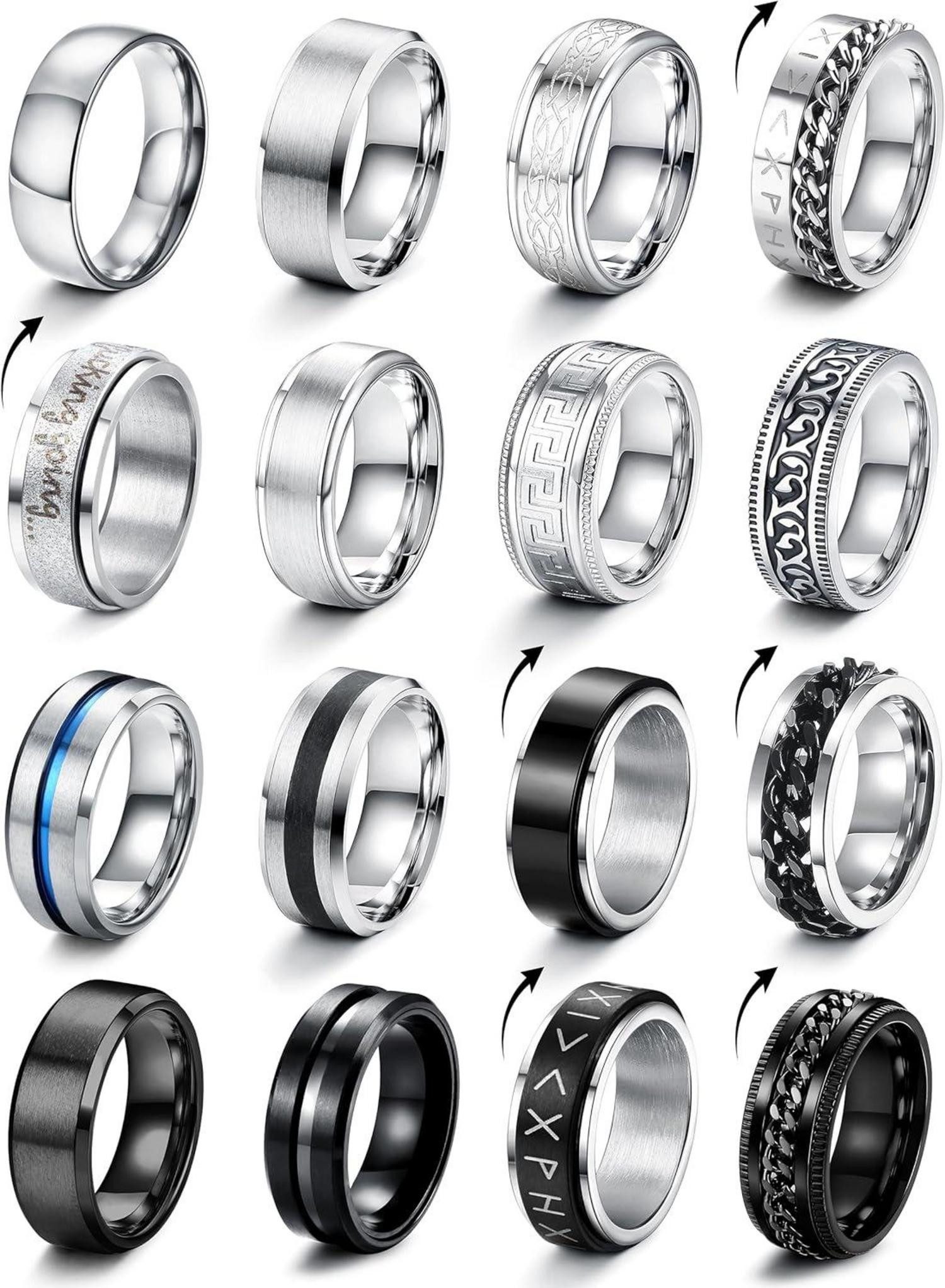 LuxusKollektion Verlobungsring 16er Set Edelstahl Herren Ringe Silber Schwarz Matt Finish Keltischer